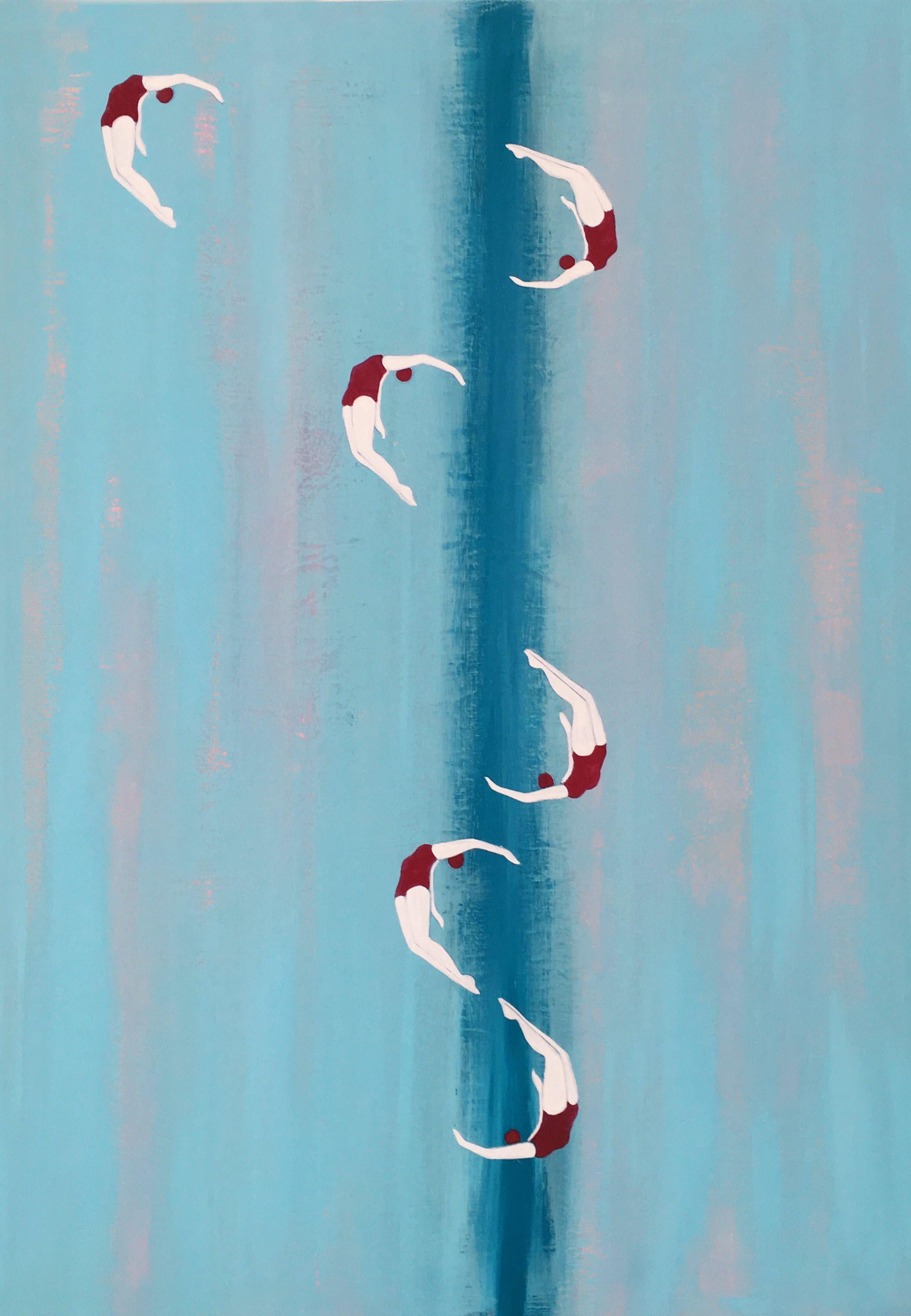 Painting: Acrylic on Canvas.    This piece is inspired by bird migration, translated into a ballet where my divers express their abilities to turn a fall into a flight. I take all my source images myself. This painting is on gallery wrapped canvas