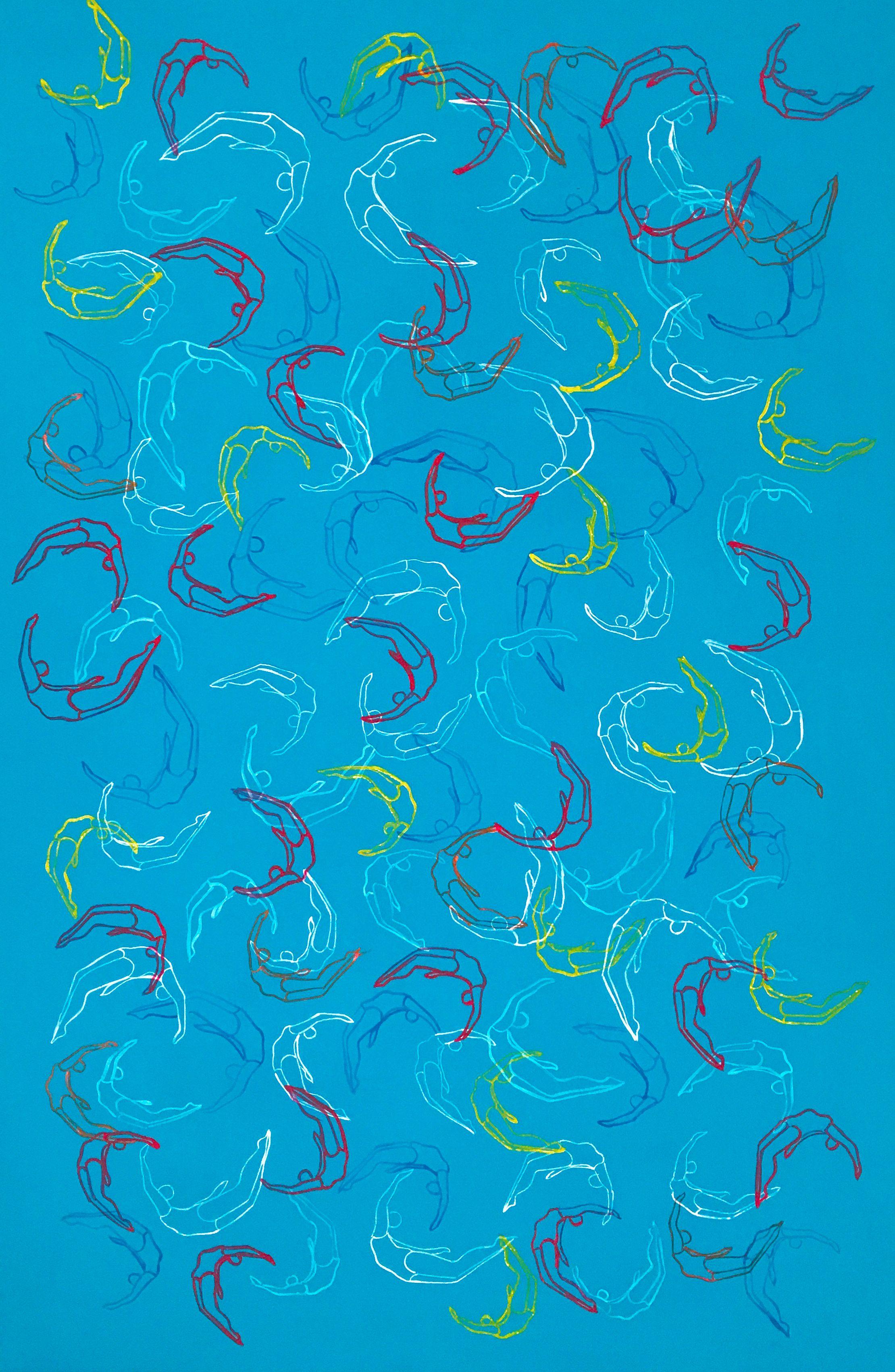 Painting: Acrylic on Canvas.     This piece is inspired by bird migration, translated into a ballet where my divers express their abilities to turn a fall into a flight. I take all my source images myself. This painting is on gallery wrapped canvas