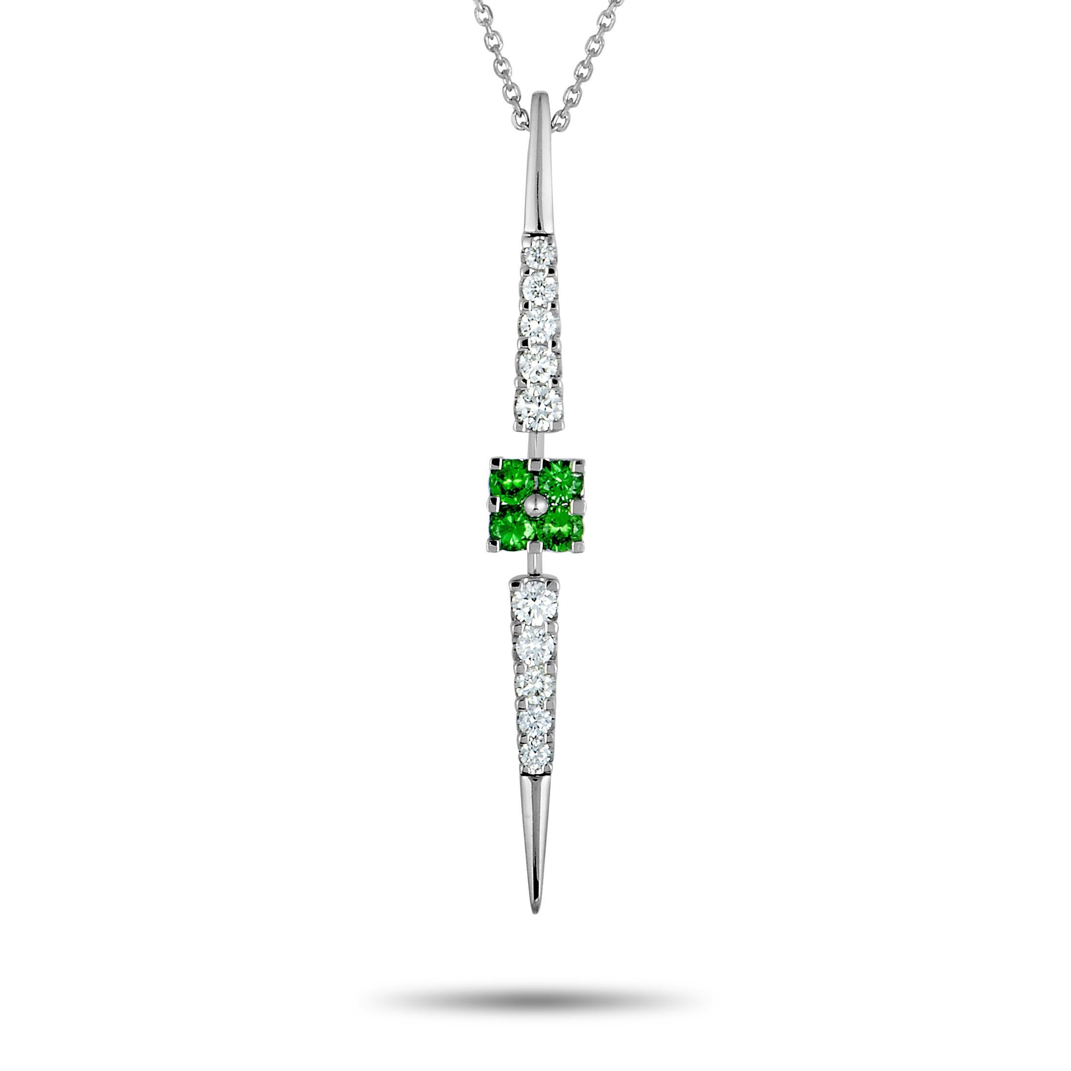 This Roberta Porrati necklace is made of 18K white gold and set with diamonds, tsavorites and pearls. The diamonds total 0.62 carats and the tsavorites amount to 0.50 carats. The necklace weighs 10.9 grams, boasting chain length of 16.00”, while the