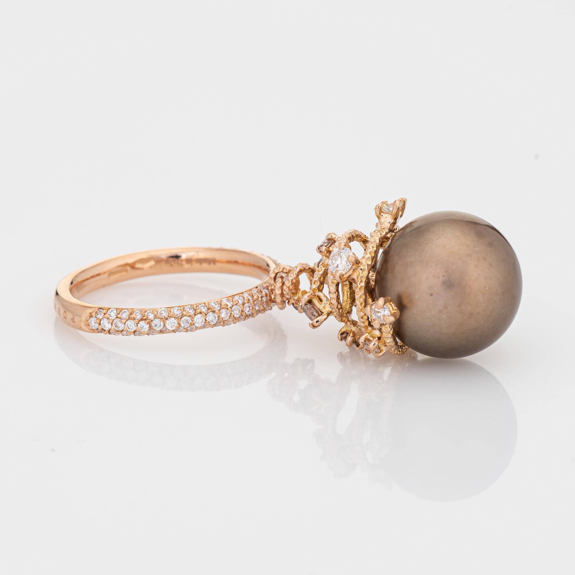 Stylish Roberta Porrati charm ring crafted in 18 karat yellow gold.

Chocolate South Sea Pearl measures 13mm. Diamonds total an estimated 0.82 carats (estimated at H-I & C2-3 color and SI1-I1 clarity). 

Designed as a charm ring to move with you,