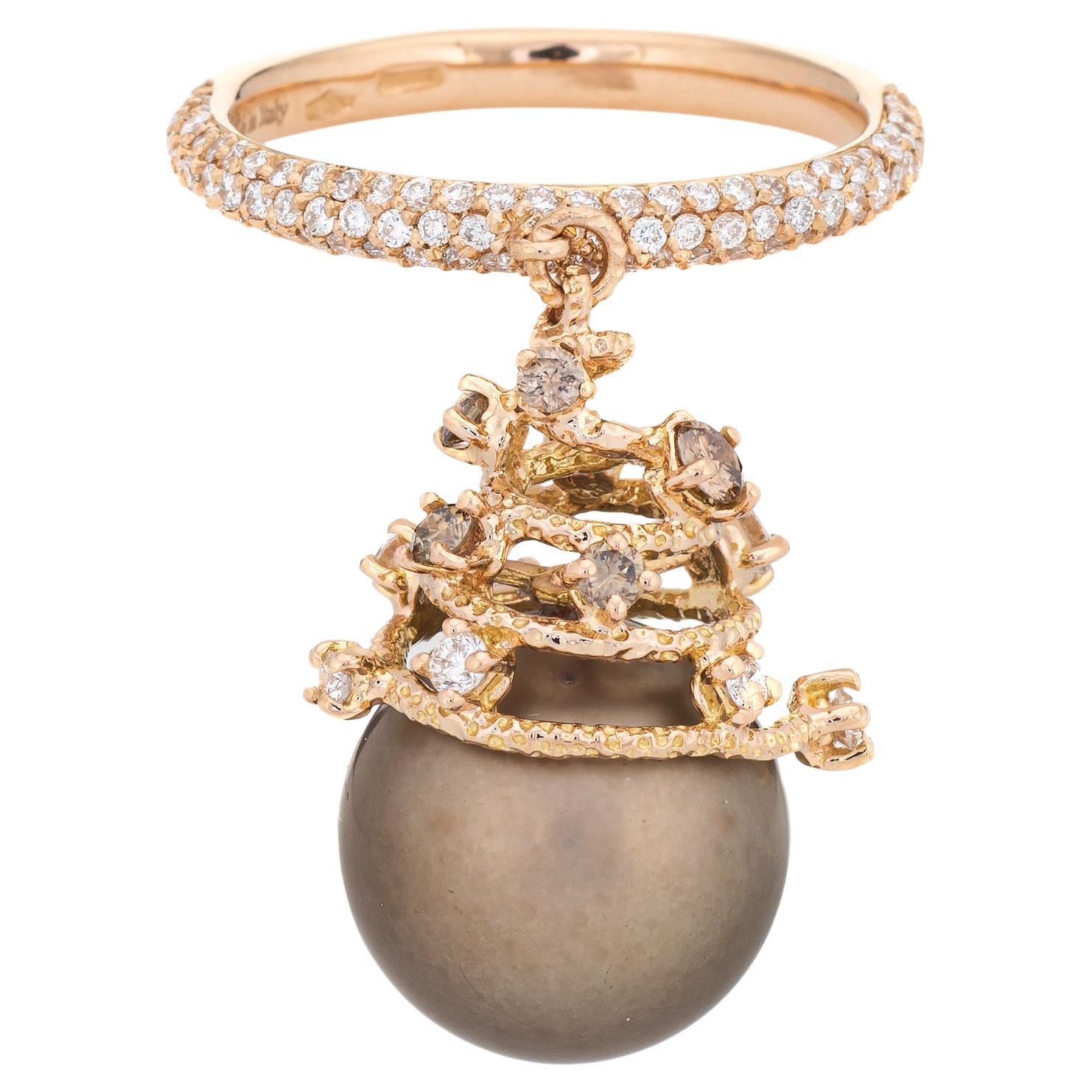 Roberta Porrati Charm Ring Chocolate South Sea Pearl Diamond 7 Estate Jewelry  