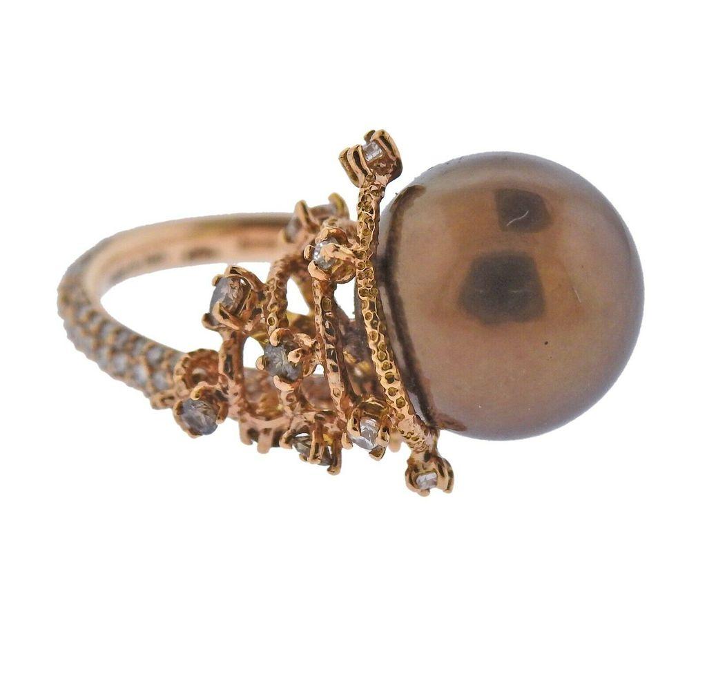 Roberta Porrati cocktail charm ring in 18k yellow gold, with 13mm Chocolate South Sea pearl and approx. 0.82ctw in G/VS diamonds.  Ring size - 6.5, charm is 26mm x 15mm. Marked: Porrati, made in Italy, 750.  Weight - 8.2 grams. 