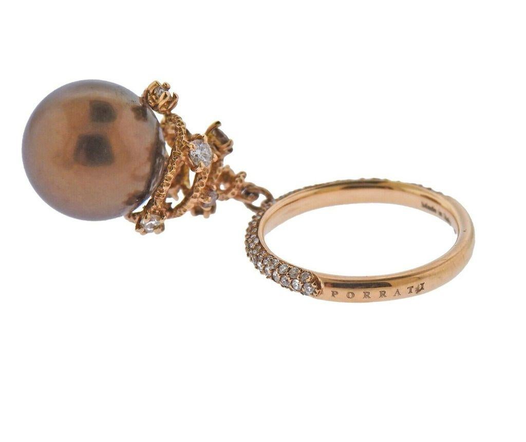 Roberta Porrati Chocolate South Sea Pearl Diamond Gold Charm Ring In Excellent Condition In Lambertville, NJ