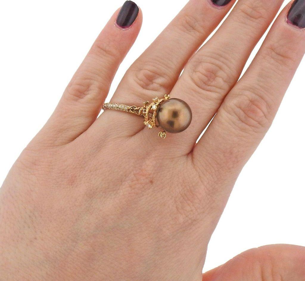 Women's Roberta Porrati Chocolate South Sea Pearl Diamond Gold Charm Ring
