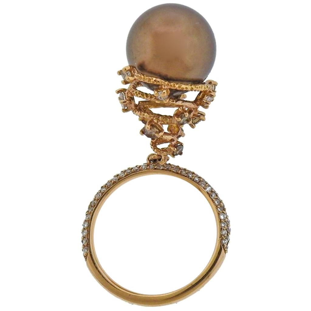 Roberta Porrati Chocolate South Sea Pearl Diamond Gold Charm Ring