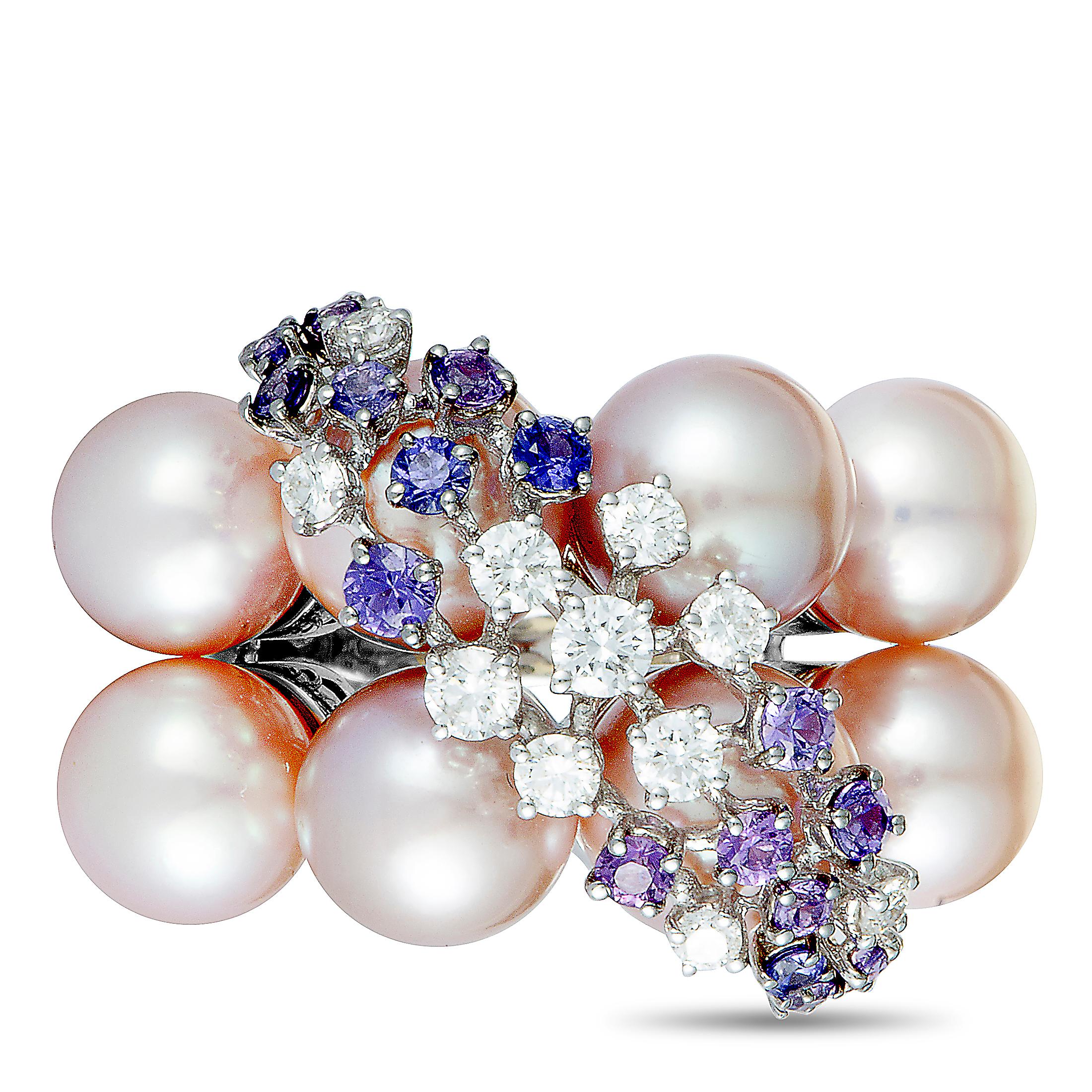 Roberta Porrati Diamond and Purple Sapphire Cluster Pearl White Gold Ring In New Condition In Southampton, PA