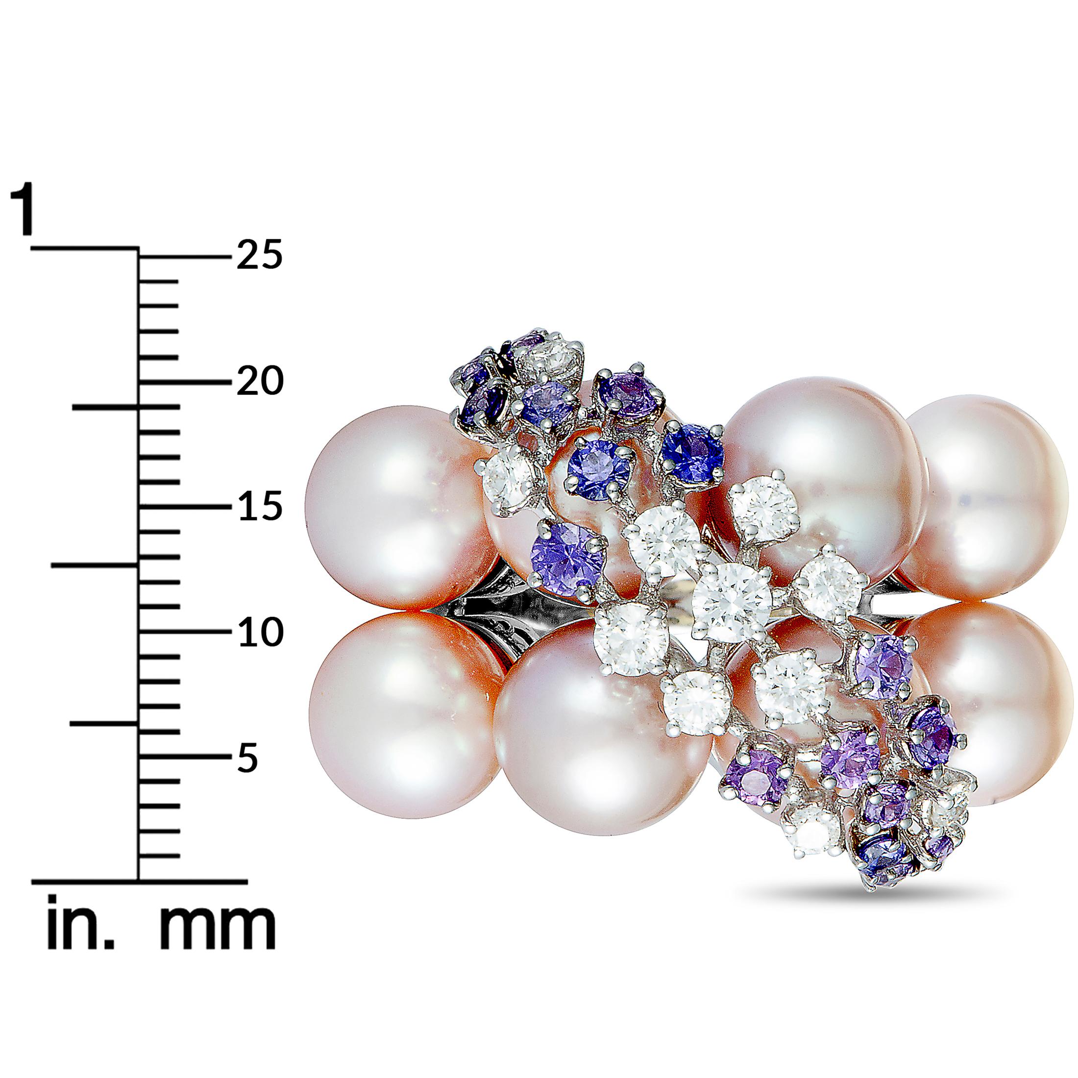 Women's Roberta Porrati Diamond and Purple Sapphire Cluster Pearl White Gold Ring
