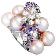 Roberta Porrati Diamond and Purple Sapphire Cluster Pearl White Gold Ring