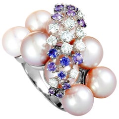 Roberta Porrati Diamond and Purple Sapphire Cluster Pearl White Gold Ring