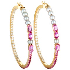 Roberta Porrati Diamond, Pink Sapphire and Pearls 18 Karat Gold Hoop Earrings