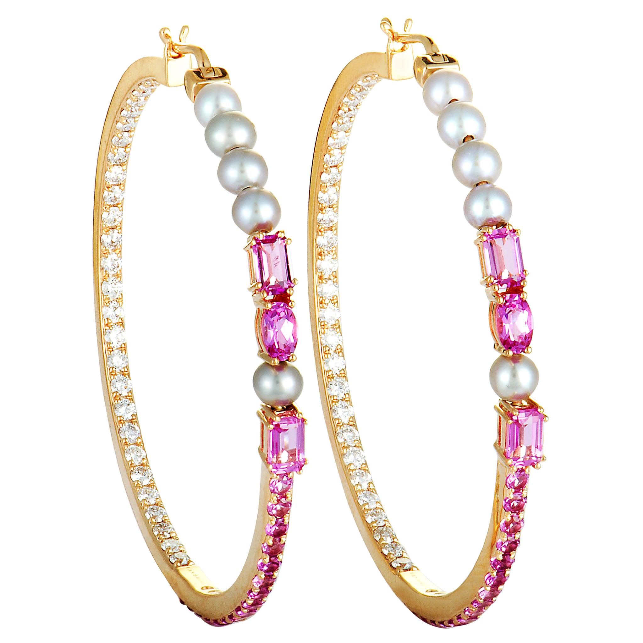 Roberta Porrati Diamond, Pink Sapphire and Pearls 18 Karat Gold Hoop Earrings