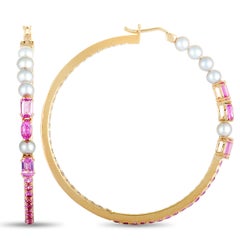 Roberta Porrati Diamond, Pink Sapphire and Pearls Rose Gold Hoop Earrings