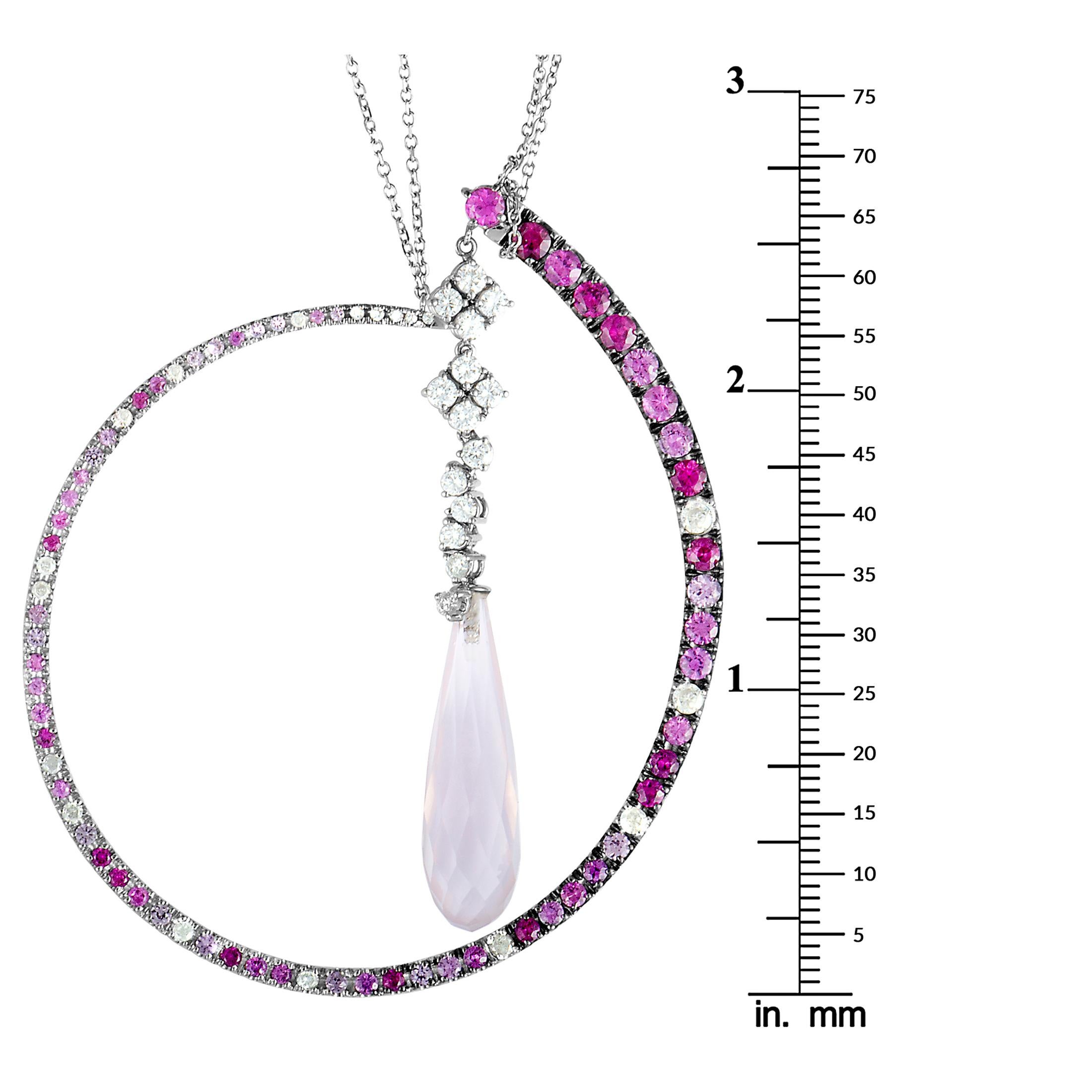 This Roberta Porrati necklace is made of 18K white gold and set with white diamonds, pink sapphires and a pink quartz. The quartz weighs 12.00 carats while the diamonds and the sapphires amount to 1.04 and 2.75 carats respectively.

The necklace