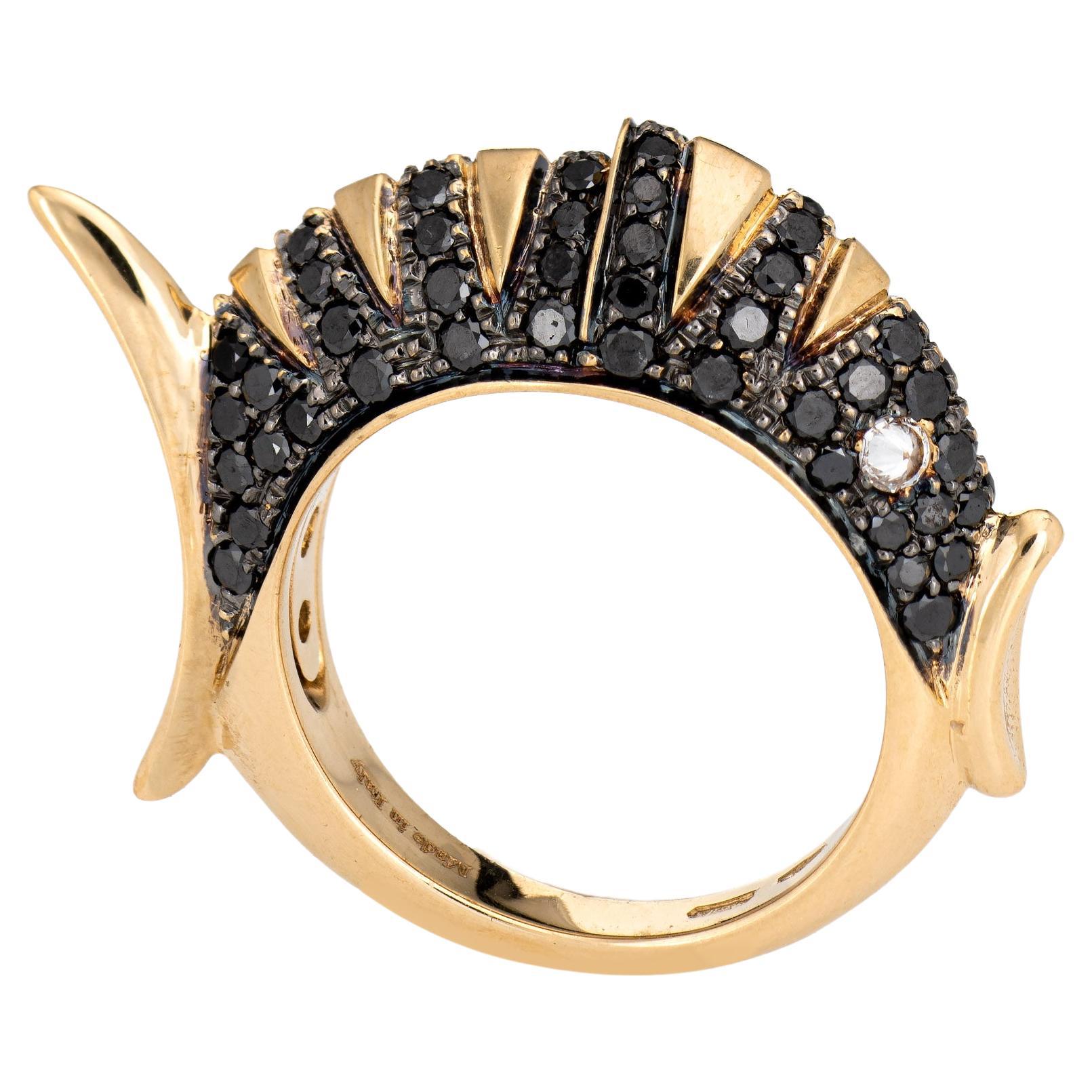Roberta Porrati Fisch Ring Schwarz Diamant Augen 18k Gelb Gold Estate Jewelry