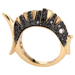 Roberta Porrati Fisch Ring Schwarz Diamant Augen 18k Gelb Gold Estate Jewelry