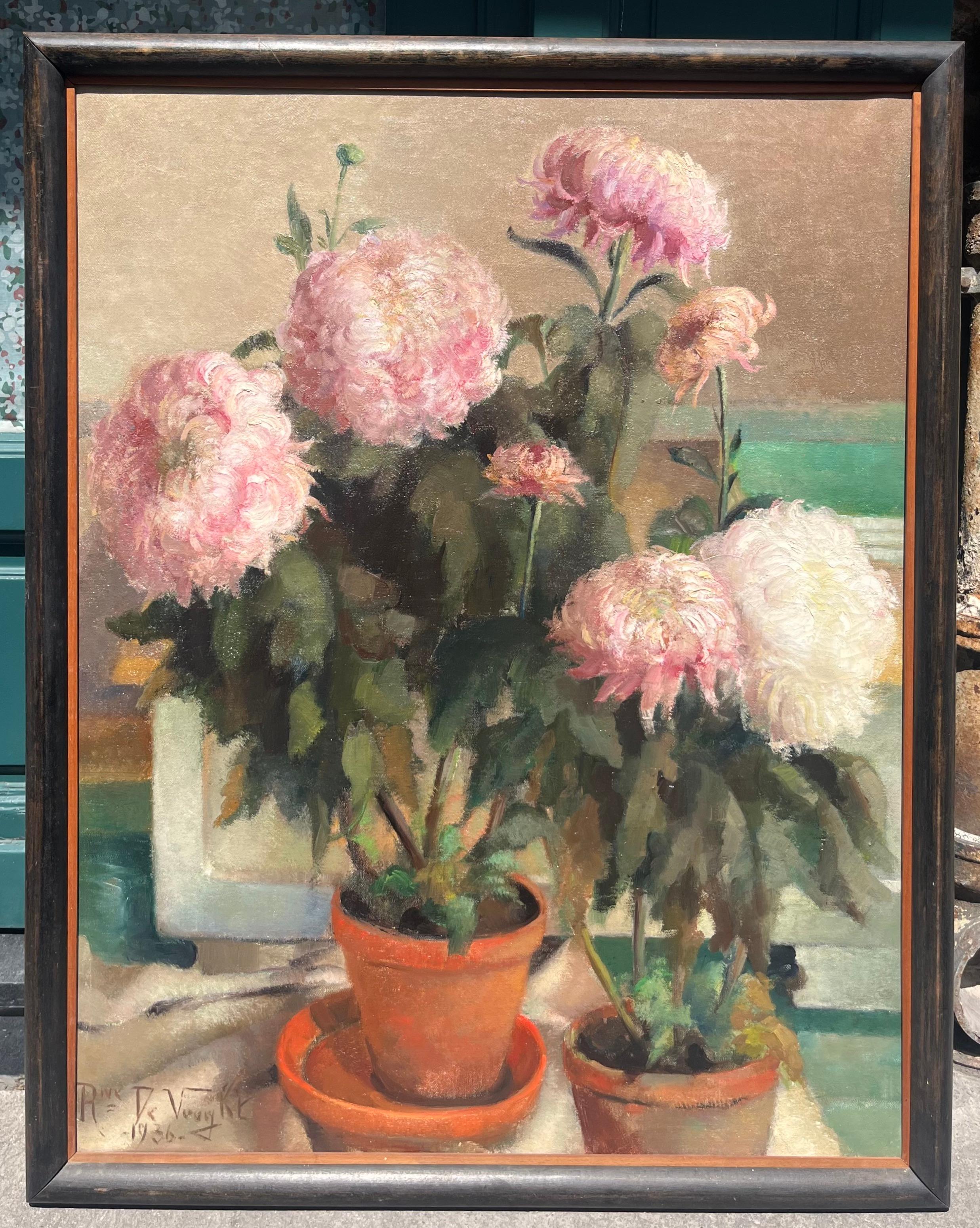 Nature morte aux pivoines 1936 - Marron Still-Life Painting par Robertine de Vooght