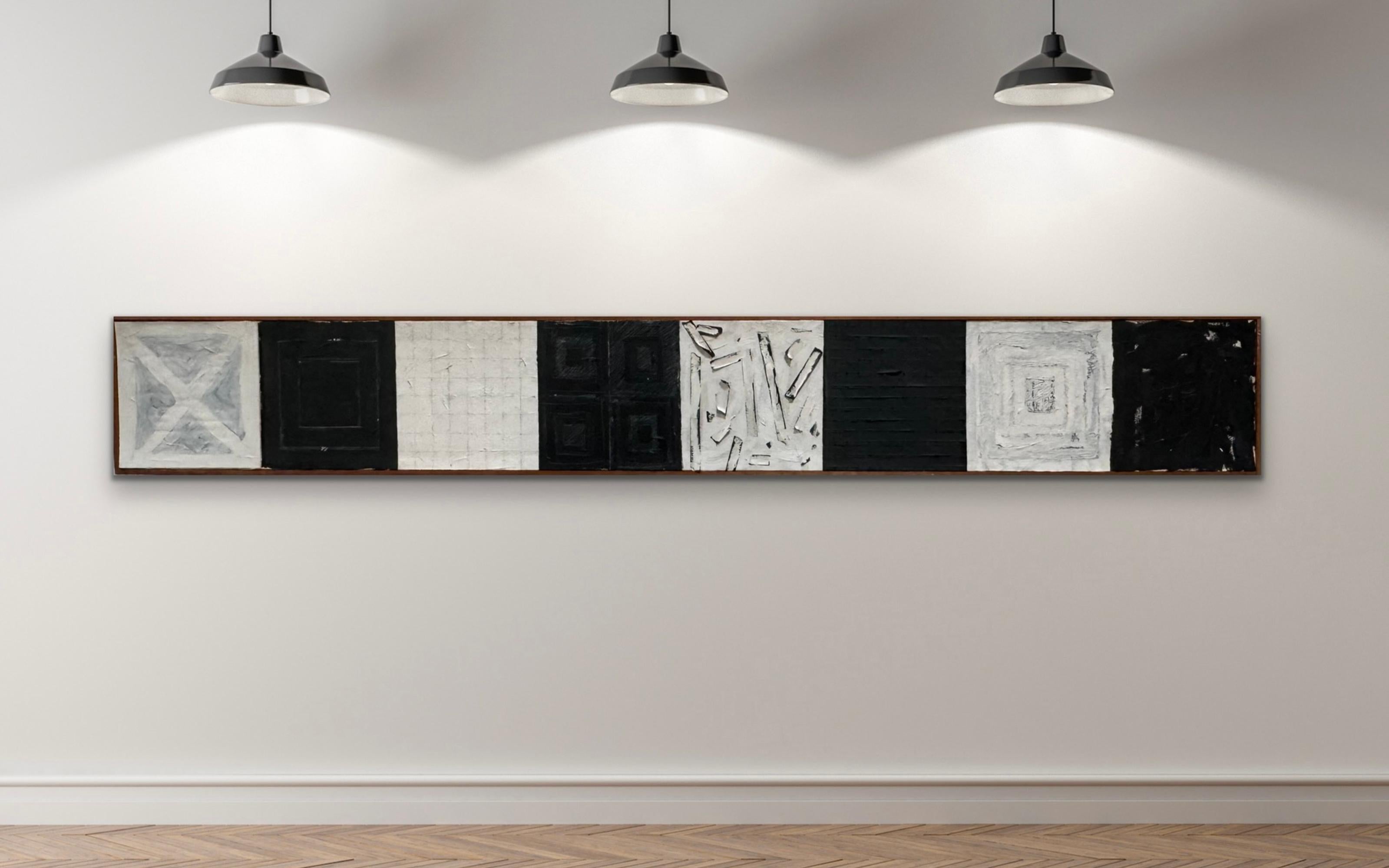 Robertino Fatica’s Barracks (1970) is a long, narrow painting that reads almost like a piece of architecture. At 17.5 by 122 inches, it stretches across the wall in a continuous band, bringing to mind a row of military barracks or workers’ quarters