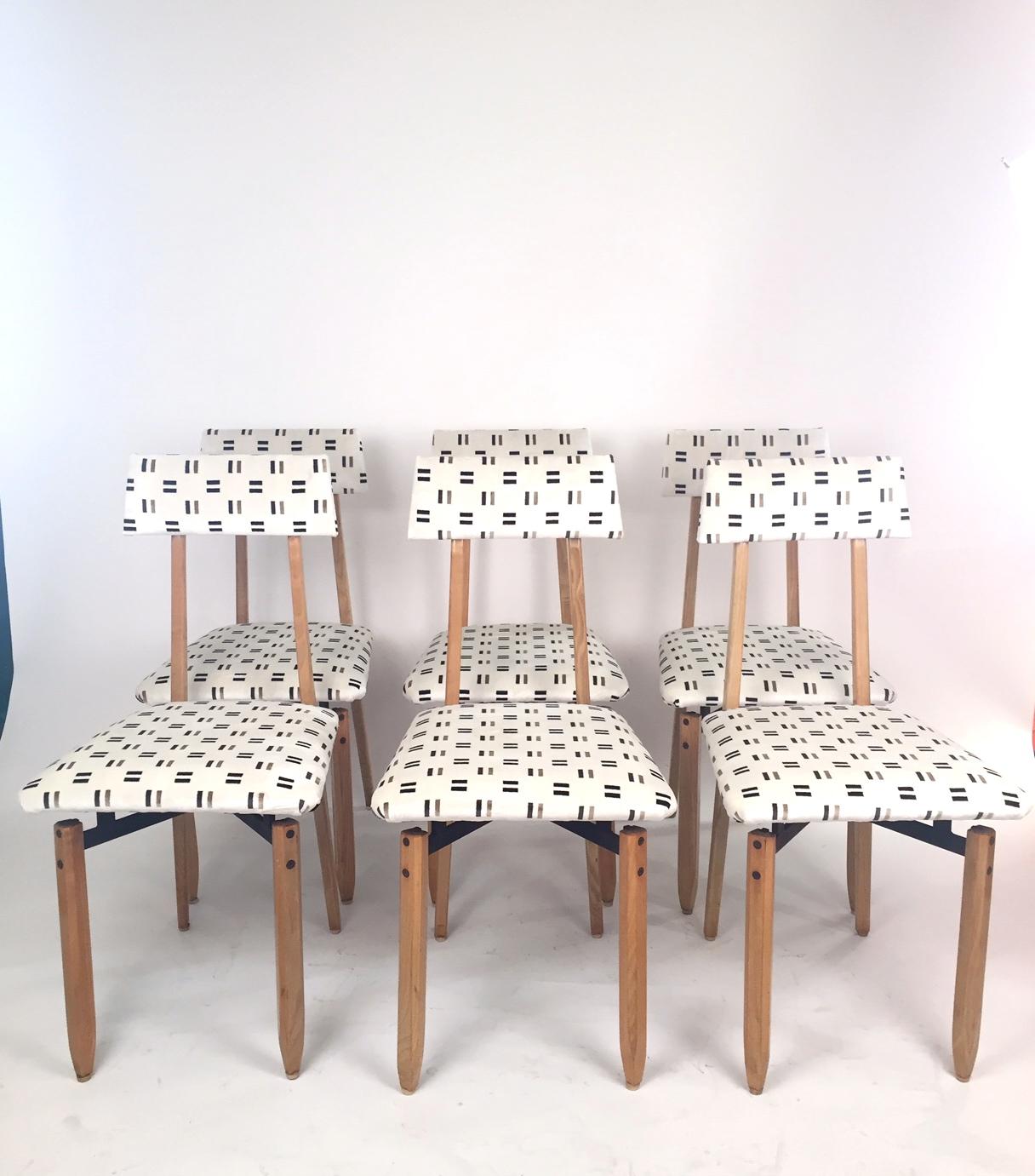 A set of Roberto Aloi Mid-Century Italian set of six chairs . Ash wood , reupholstered velvet seats and back and enameled metal.Excellent condition.
