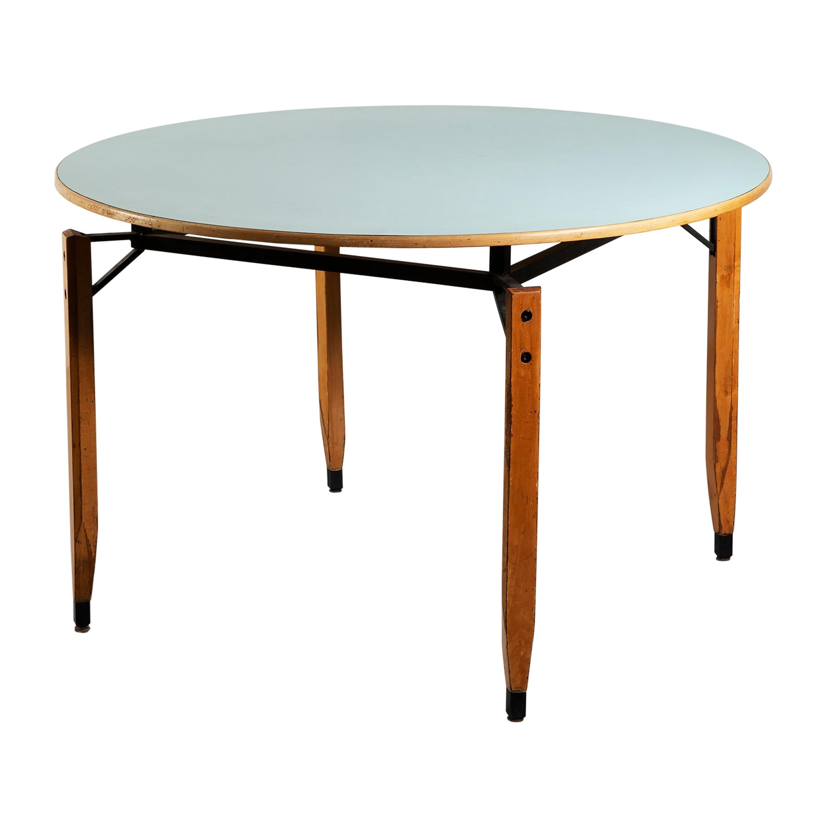 Roberto Aloi Oakwood and Light Blue Plastic Italian Round Dining Table, 1950s For Sale