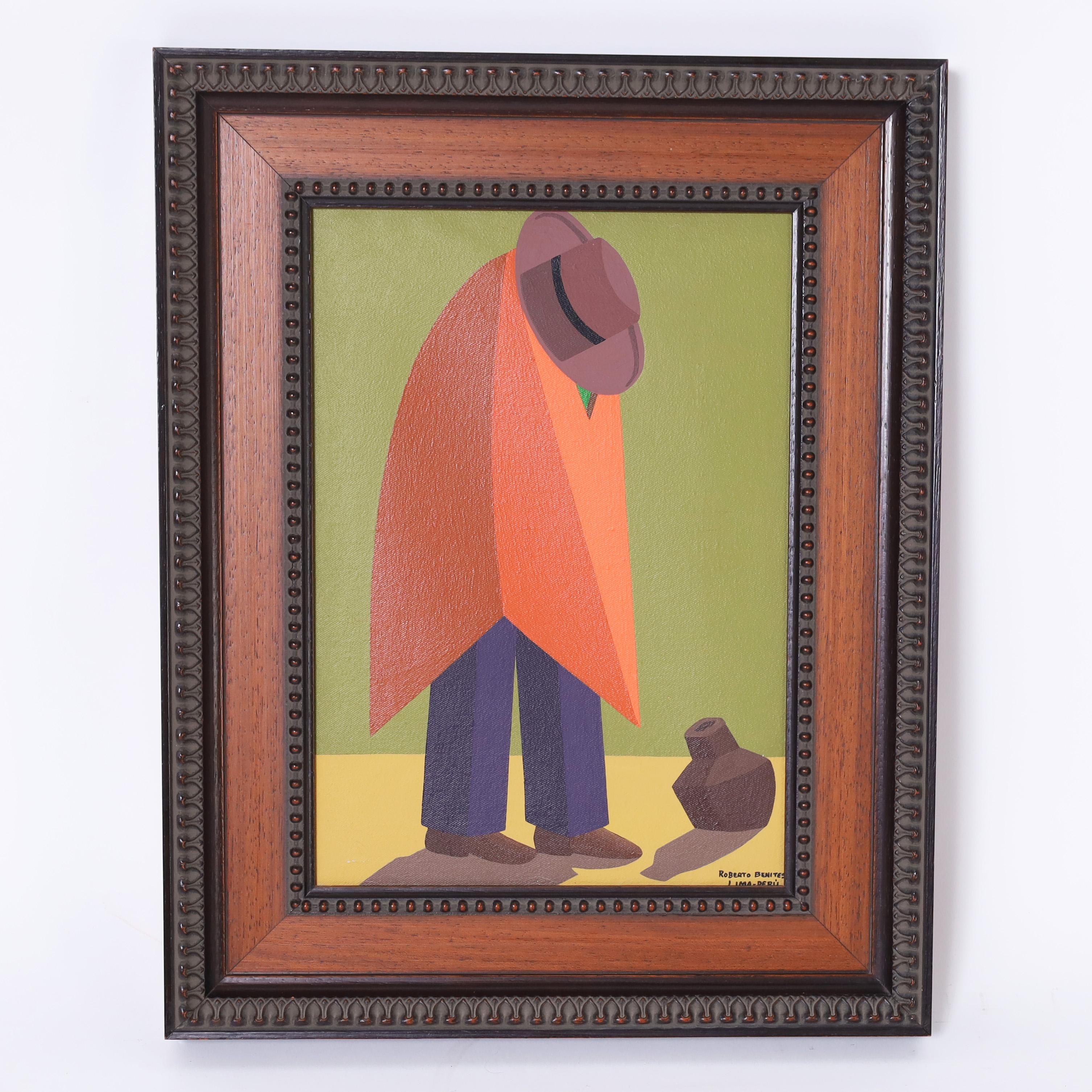 Striking pair of acrylic paintings on canvas of traditional Peruvian figures executed in a modernist minimalist folk style. Signed Roberto Benites and presented in wood frames. 