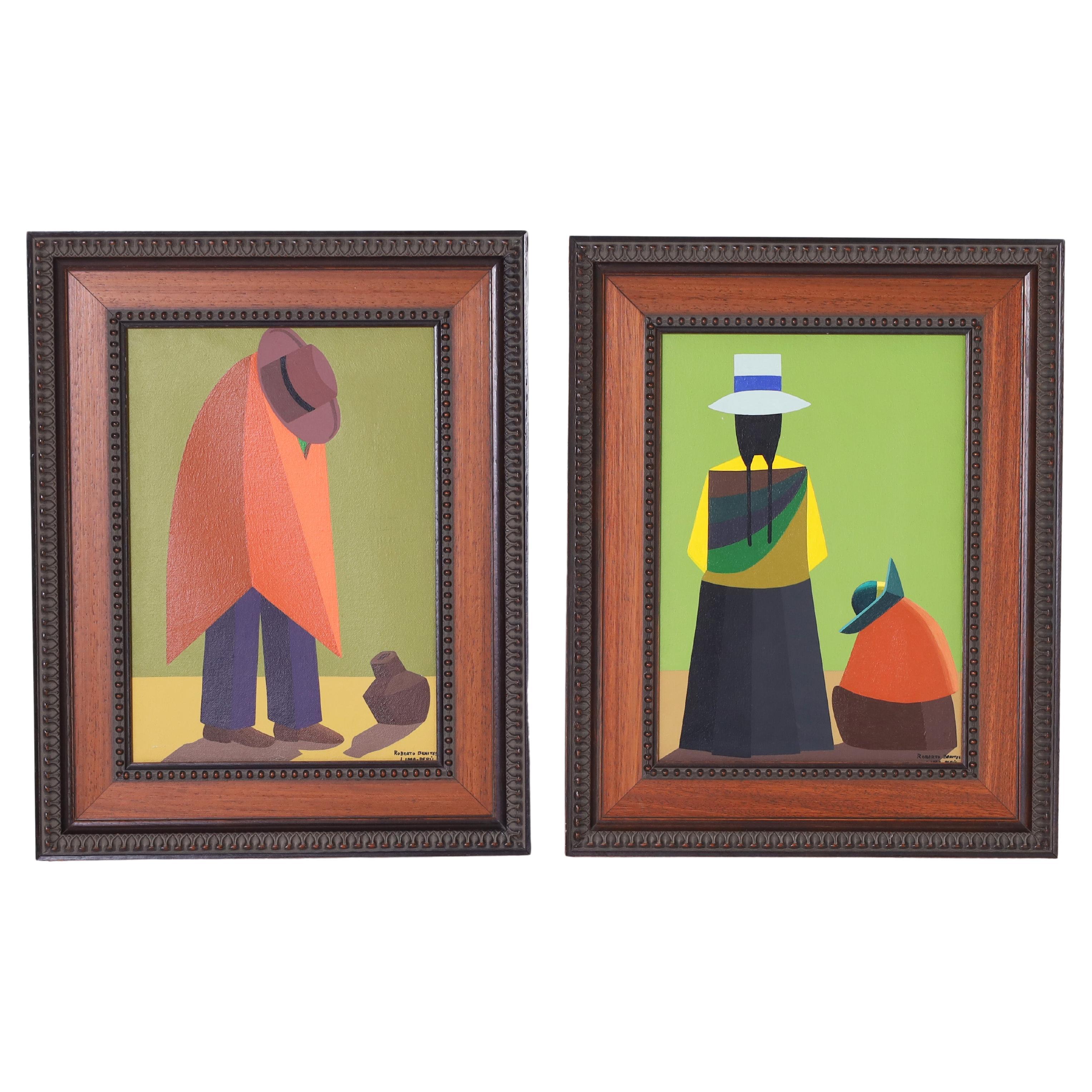 Roberto Benites Pair of Modernist Figural Paintings For Sale