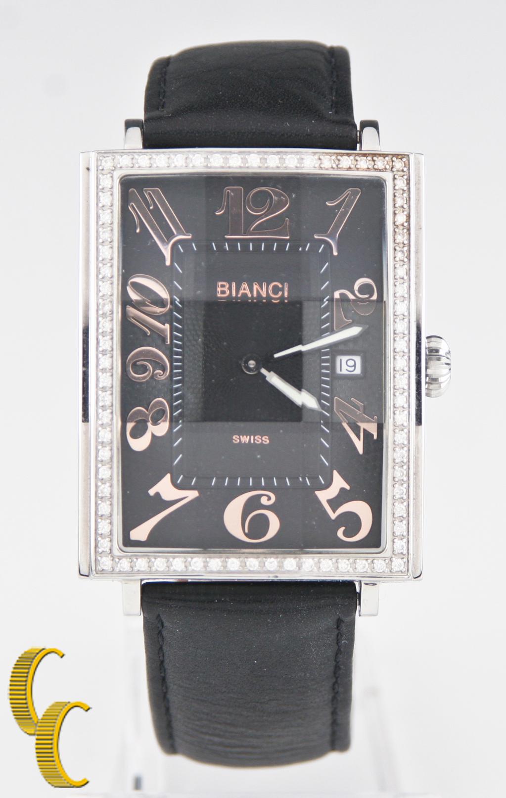 Model #D003.
Quartz movement.
Weight: 71.8 grams.
Does not include the original box or papers.
This watch is guaranteed authentic. One year warranty included with purchase.

Stainless steel case with diamond bezel.
Dimensions: 43 x 34