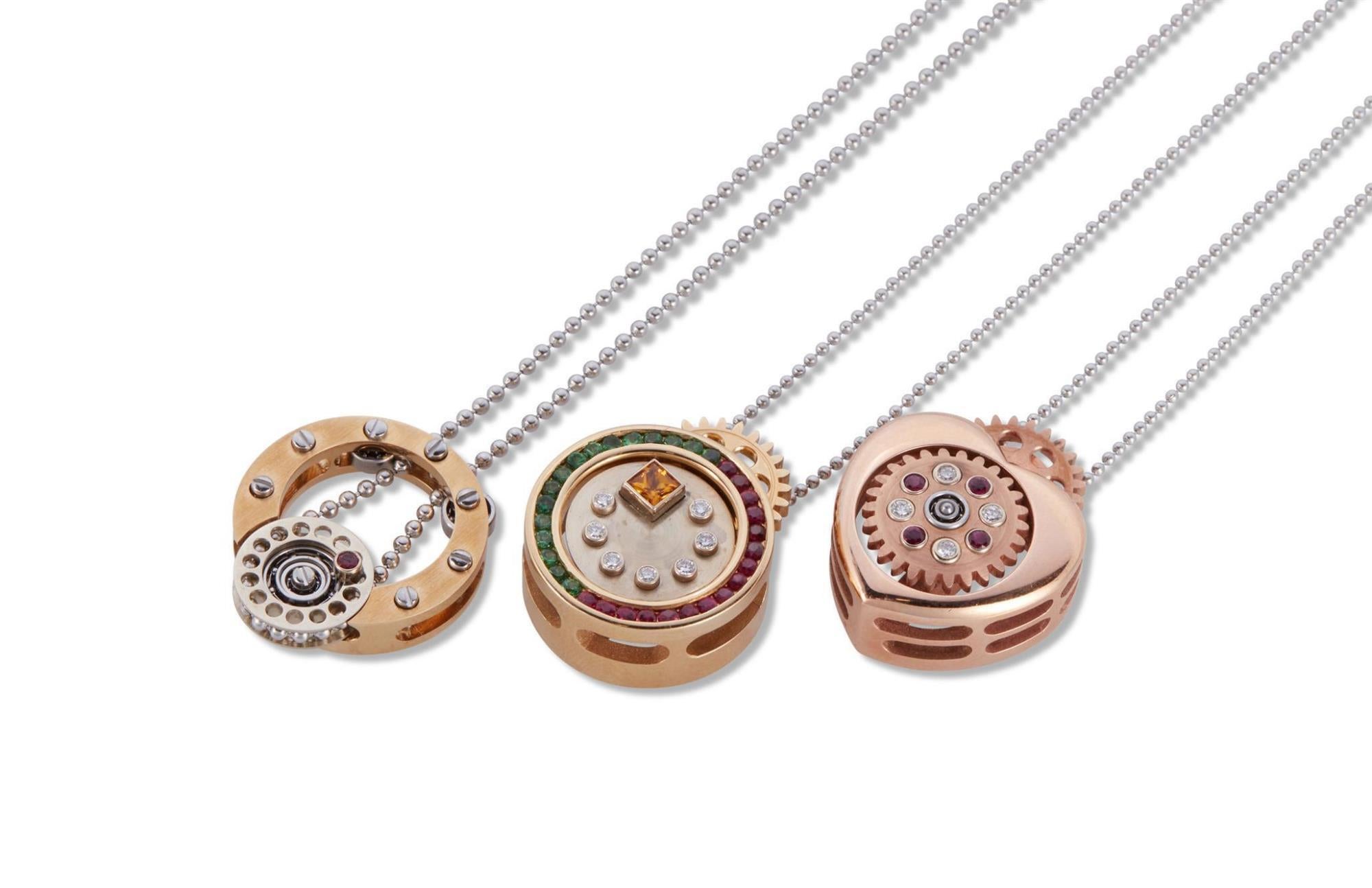 Women's or Men's Roberto Brun Mechanical 14k Gold Ruby Pendant Necklace For Sale