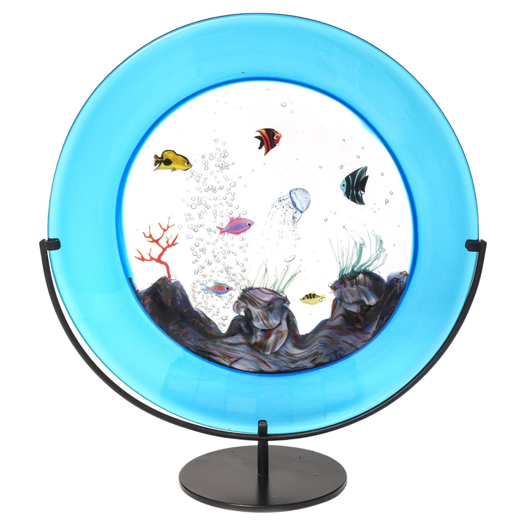 Roberto Cammozzo Murano Glass Fish Bowl Aquarium Disc Sculpture with Base