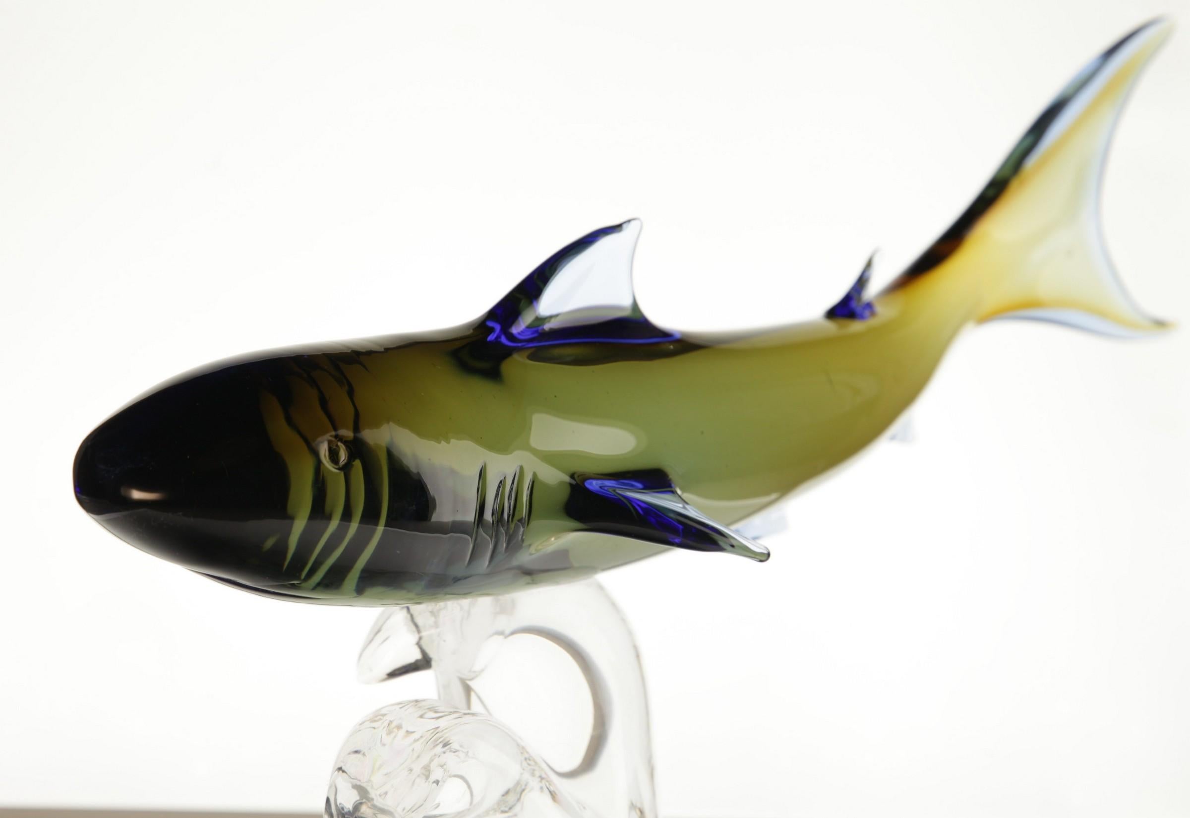 Modern Roberto Camozzo for Wyland, Hunting Shark on a Base, Murano Glass 1990s, Signed For Sale