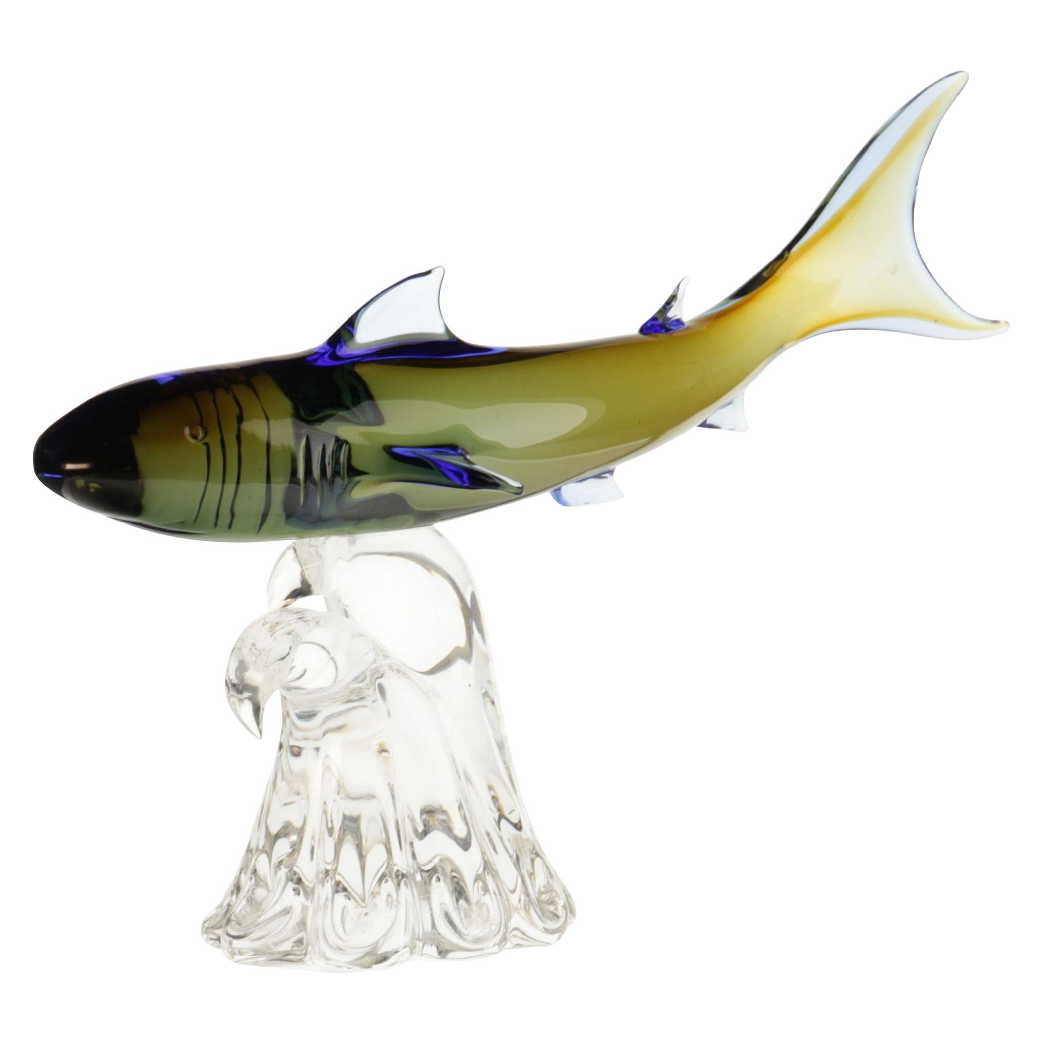 Roberto Camozzo for Wyland, Hunting Shark on a Base, Murano Glass 1990s, Signed