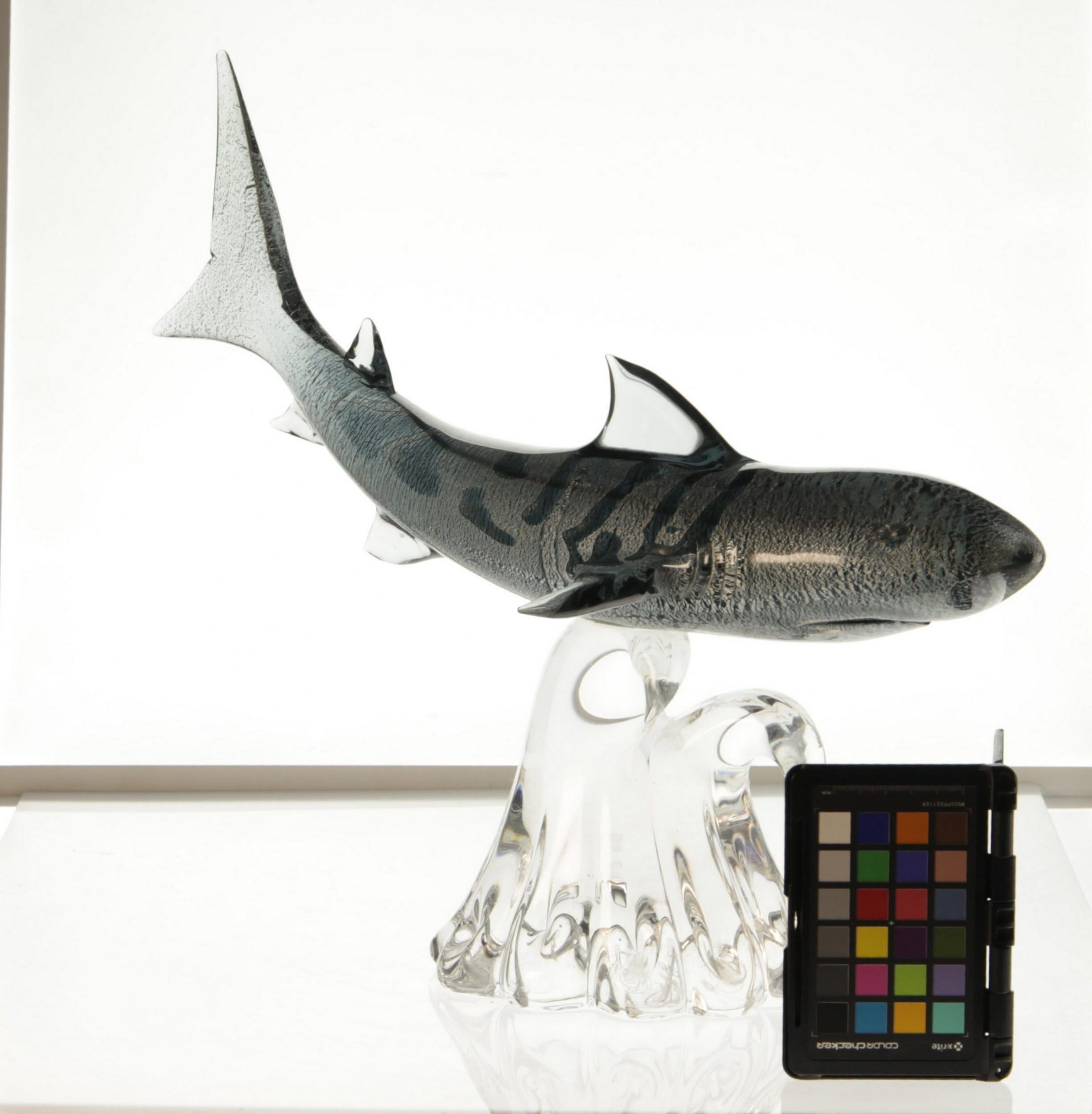 Late 20th Century Roberto Camozzo for Wyland, Tiger Hunting Shark on Base Murano Glass 90s, Signed For Sale