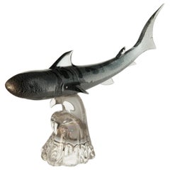 Vintage Roberto Camozzo for Wyland, Tiger Hunting Shark on Base Murano Glass 90s, Signed