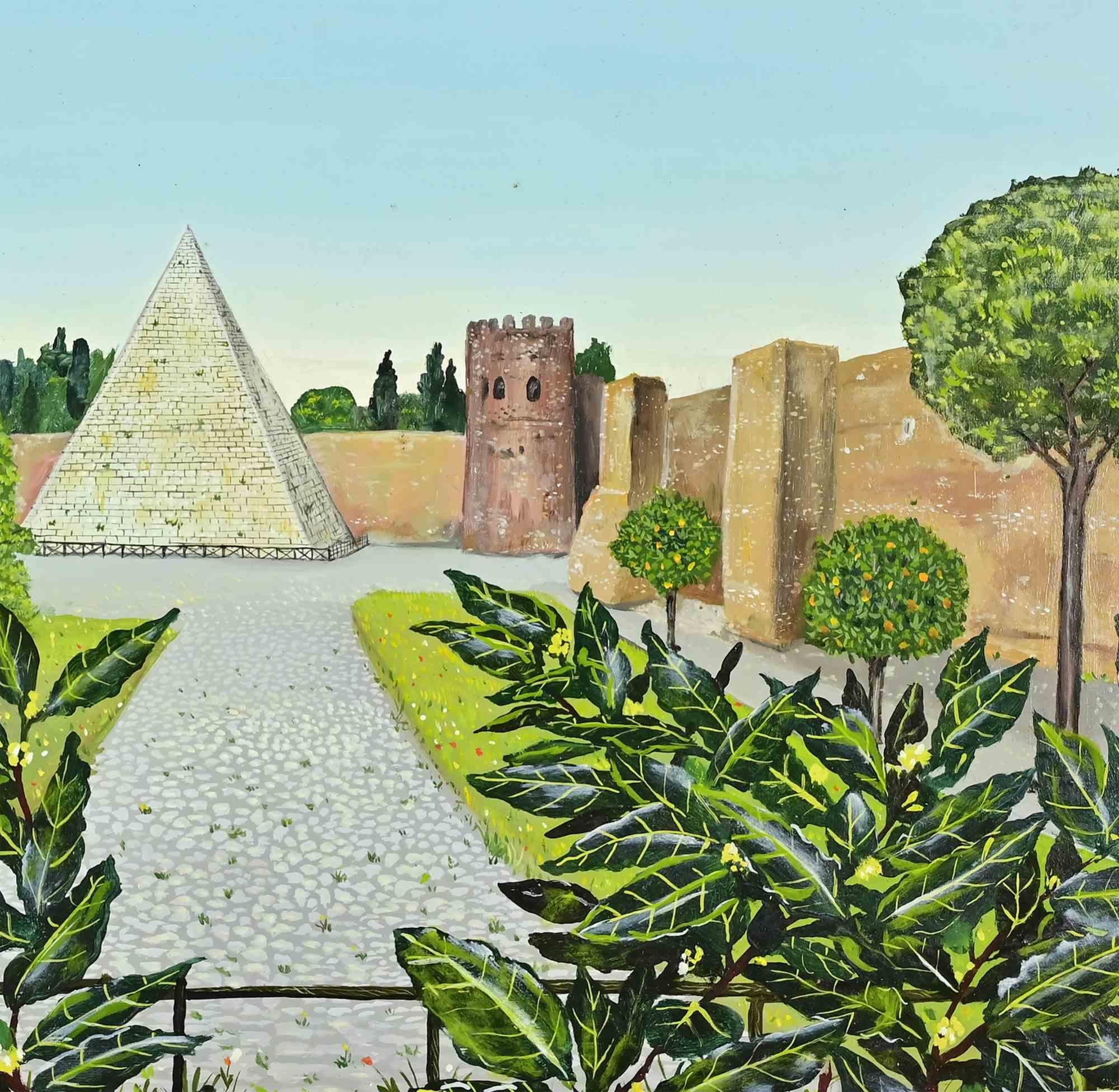 Vue de la pyramide de Gaius Cestius à Rome - Peinture de Roberto Caruso - années 2000 en vente 1