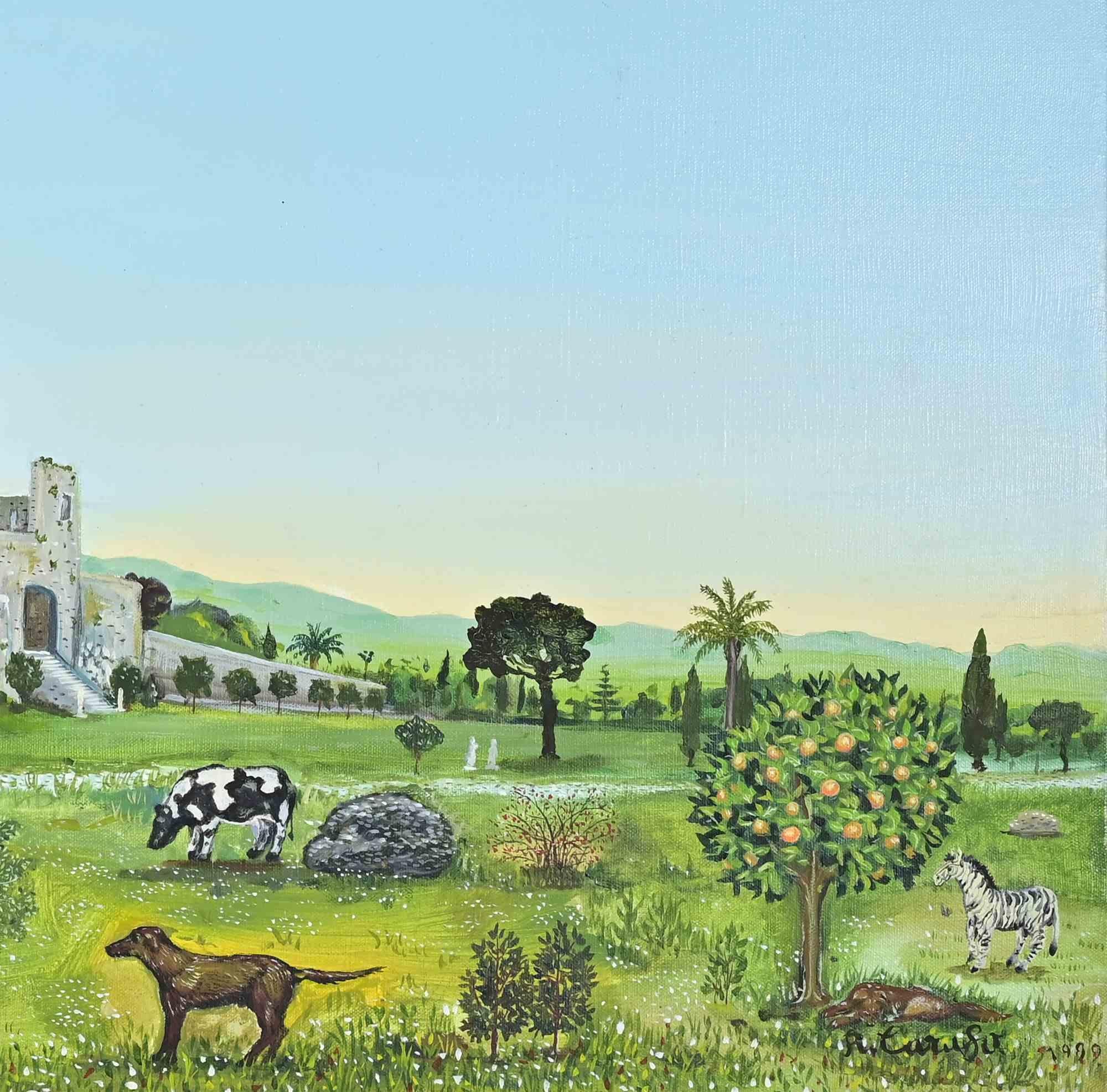 Vue de la tombe de Cecilia Metella à Rome - Peinture de Roberto Caruso - 1999 en vente 1