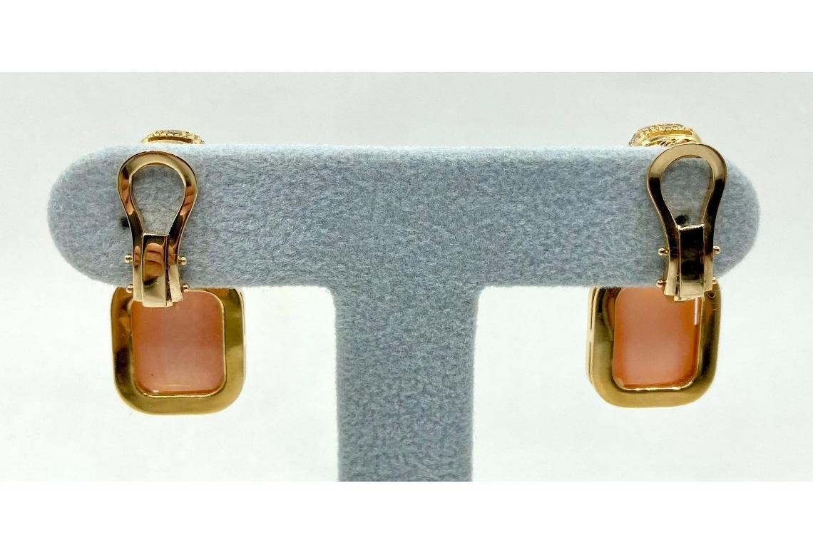Cabochon Roberto Casarin 18k Gold 1.75 Carat Diamond & Pink Coral Dangle Earrings For Sale