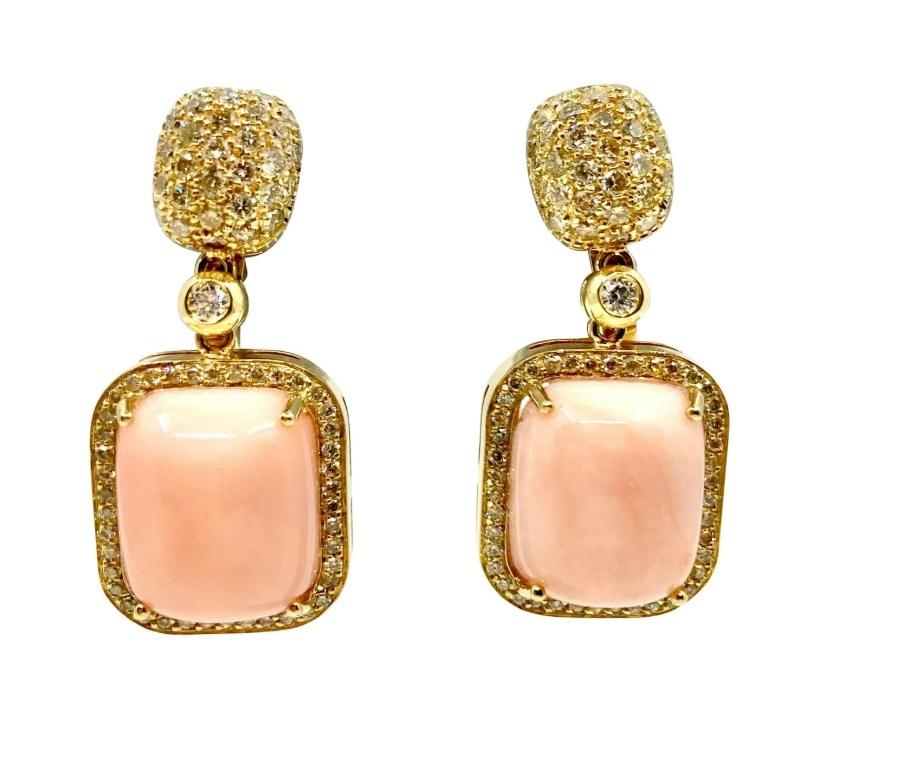 Women's or Men's Roberto Casarin 18k Gold 1.75 Carat Diamond & Pink Coral Dangle Earrings For Sale