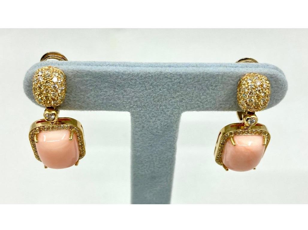 Roberto Casarin 18k Gold 1.75 Carat Diamond & Pink Coral Dangle Earrings For Sale 1