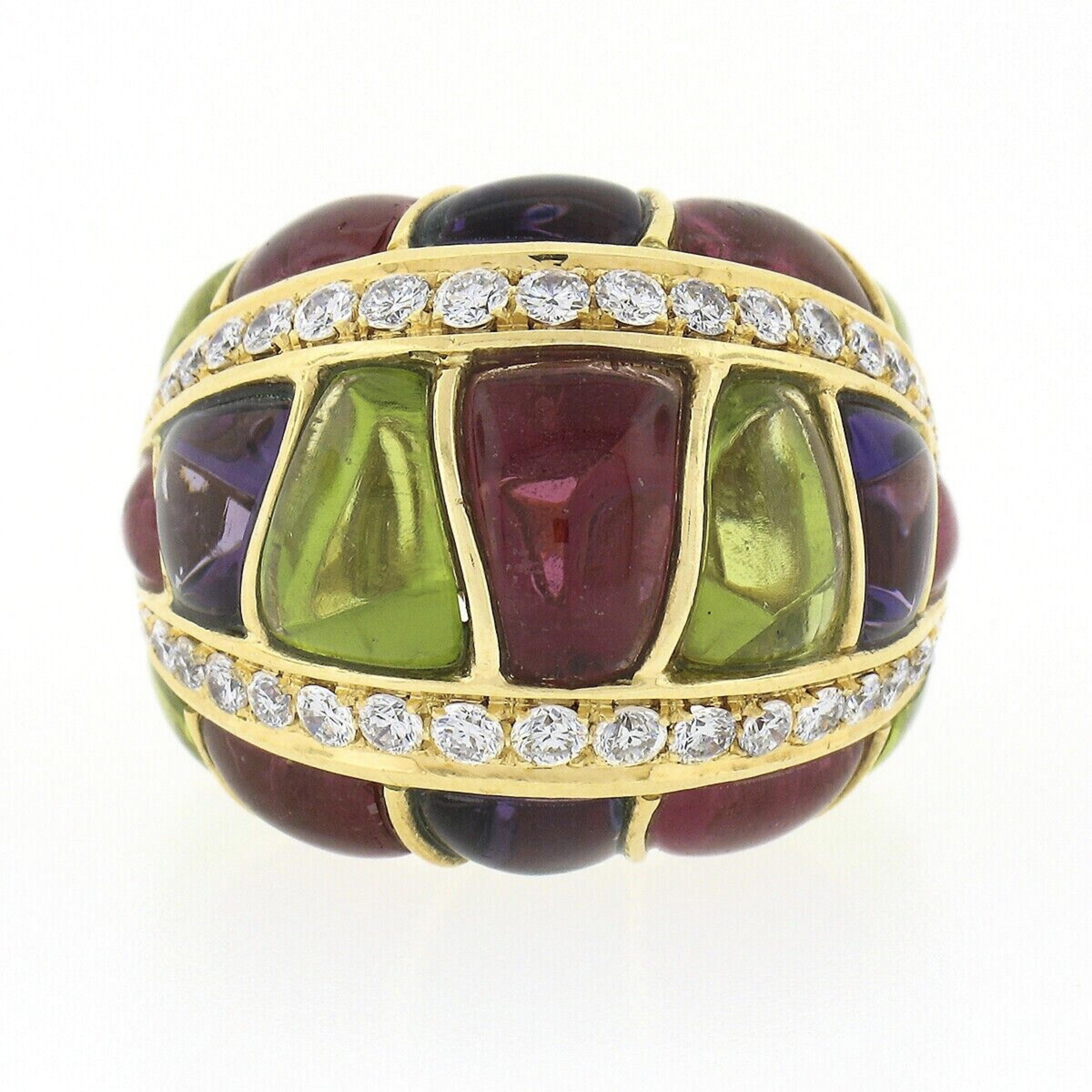 Roberto Casarin 18K Gold Amethyst Peridot Tourmaline & Diamond Domed Bombe Ring In Good Condition For Sale In Montclair, NJ