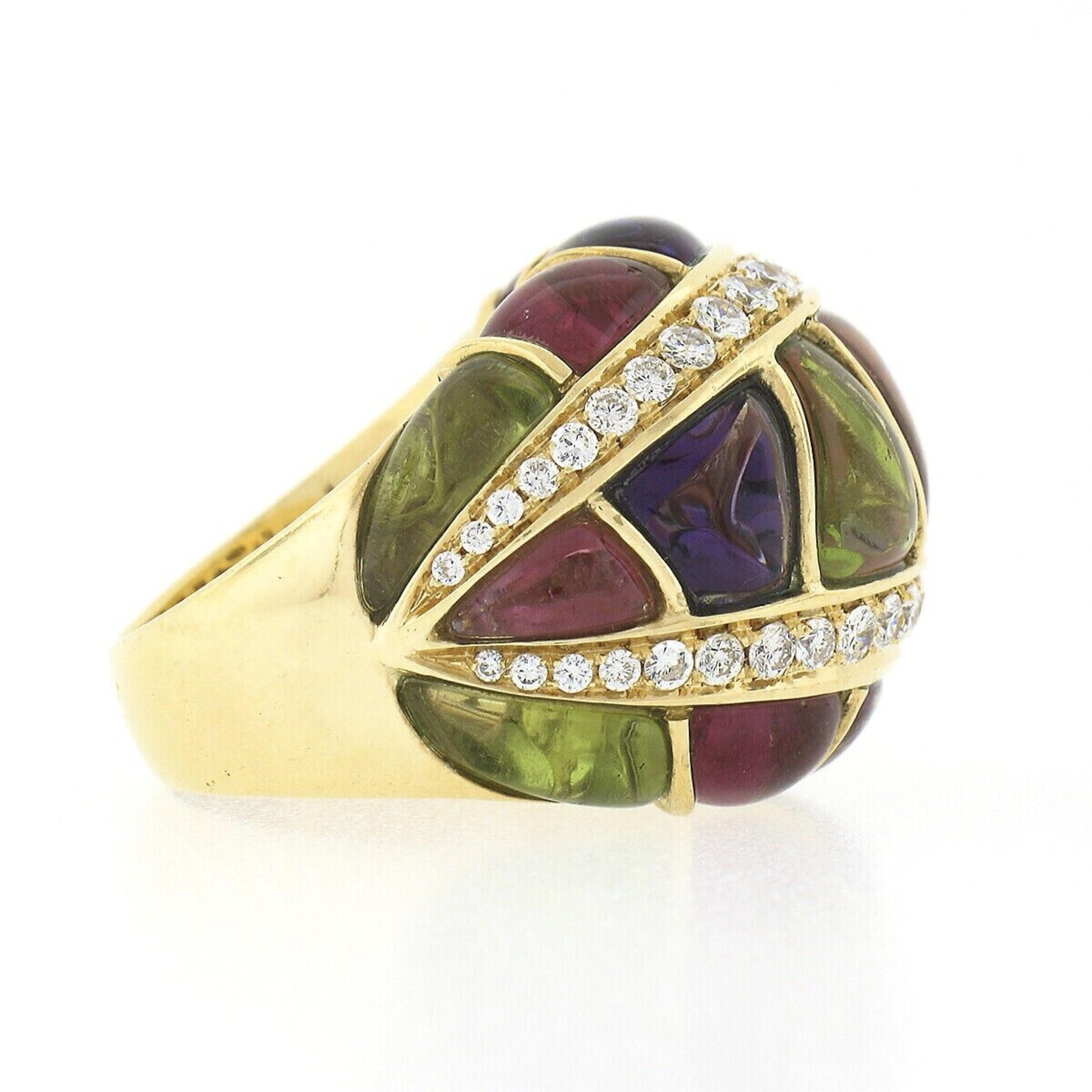 Women's Roberto Casarin 18K Gold Amethyst Peridot Tourmaline & Diamond Domed Bombe Ring For Sale