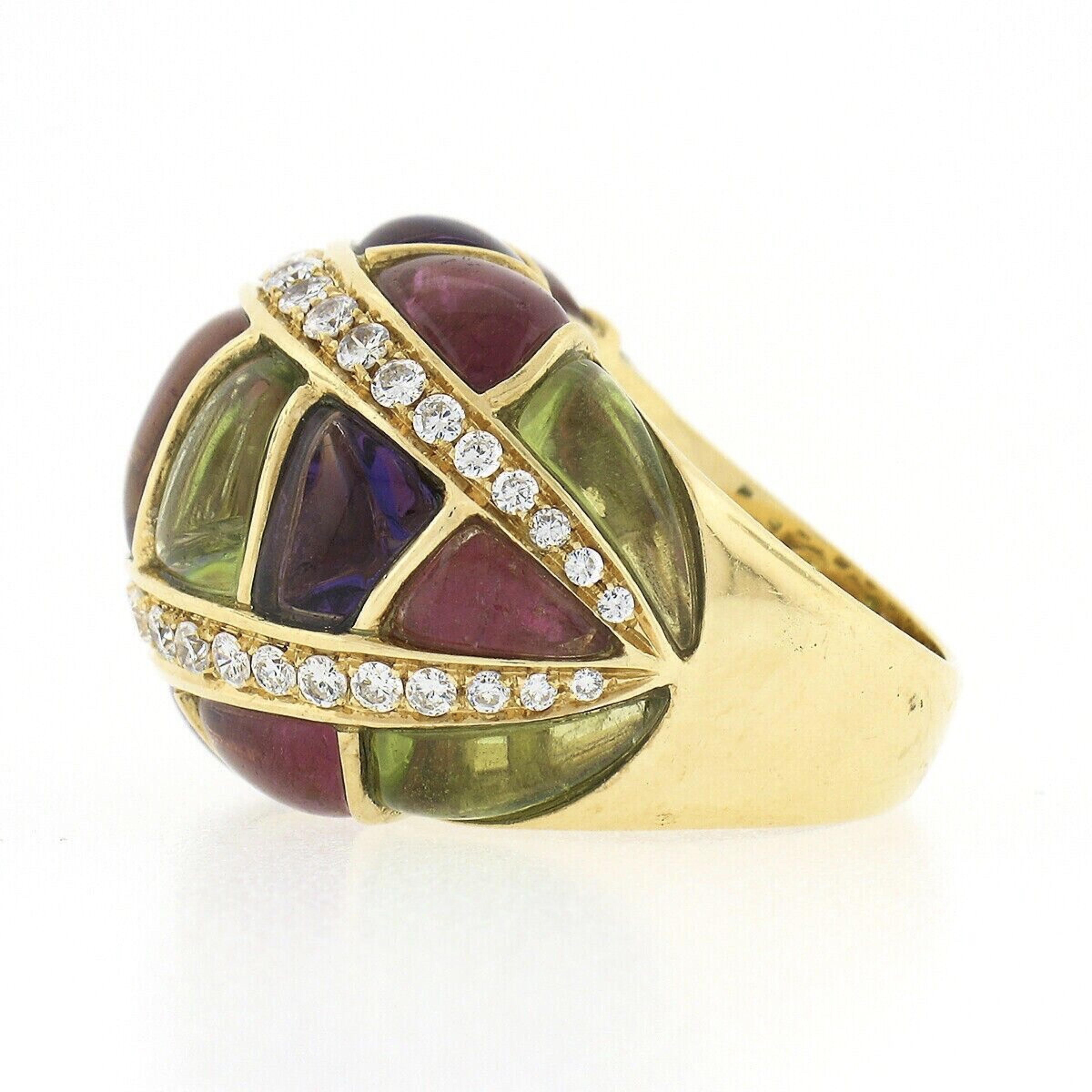 Roberto Casarin 18K Gold Amethyst Peridot Tourmaline & Diamond Domed Bombe Ring For Sale 1