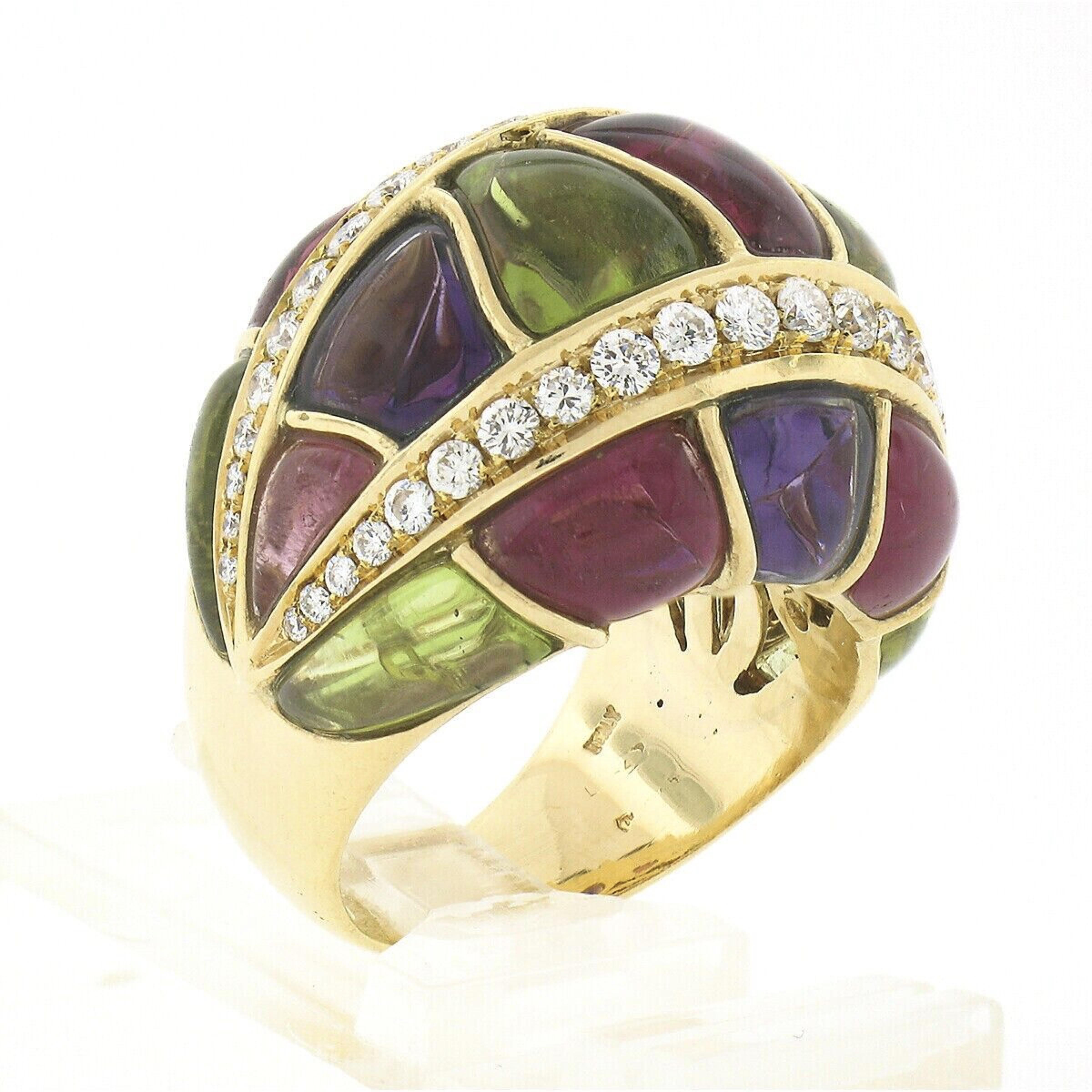 Roberto Casarin 18K Gold Amethyst Peridot Tourmaline & Diamond Domed Bombe Ring For Sale 4