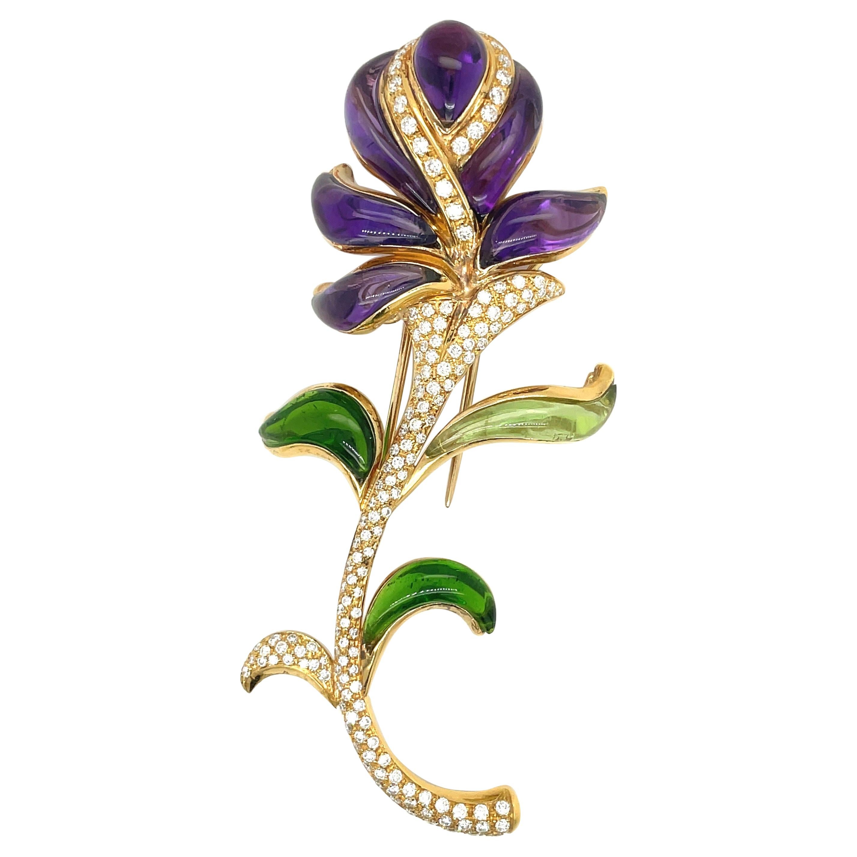 Roberto Casarin 18k Gold Cabochon Amethyst, Green Tourmaline and Diamond Brooch For Sale
