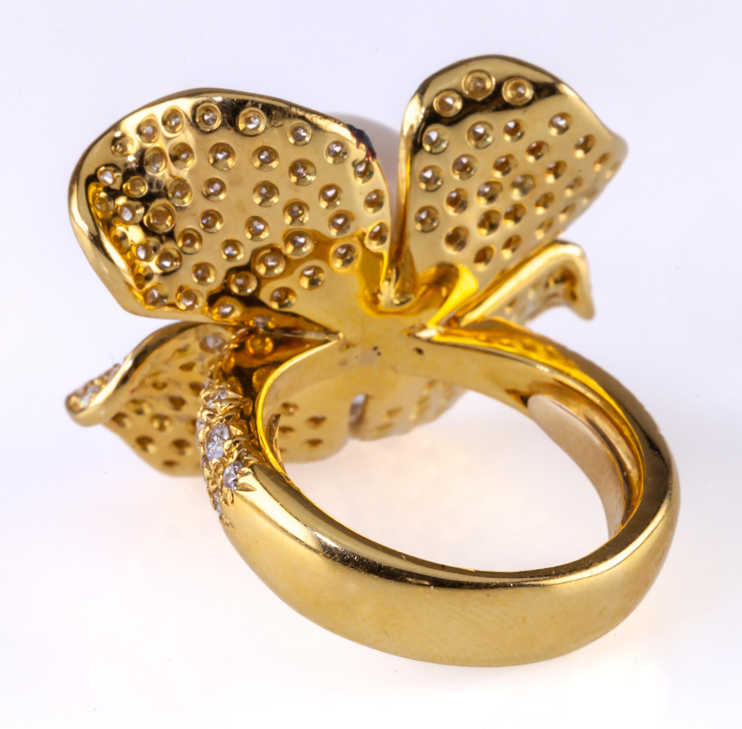 Women's or Men's Roberto Casarin 18k Gold & Pearl Flower Ring with 2.57 Carat Diamonds, Size 6.5 For Sale