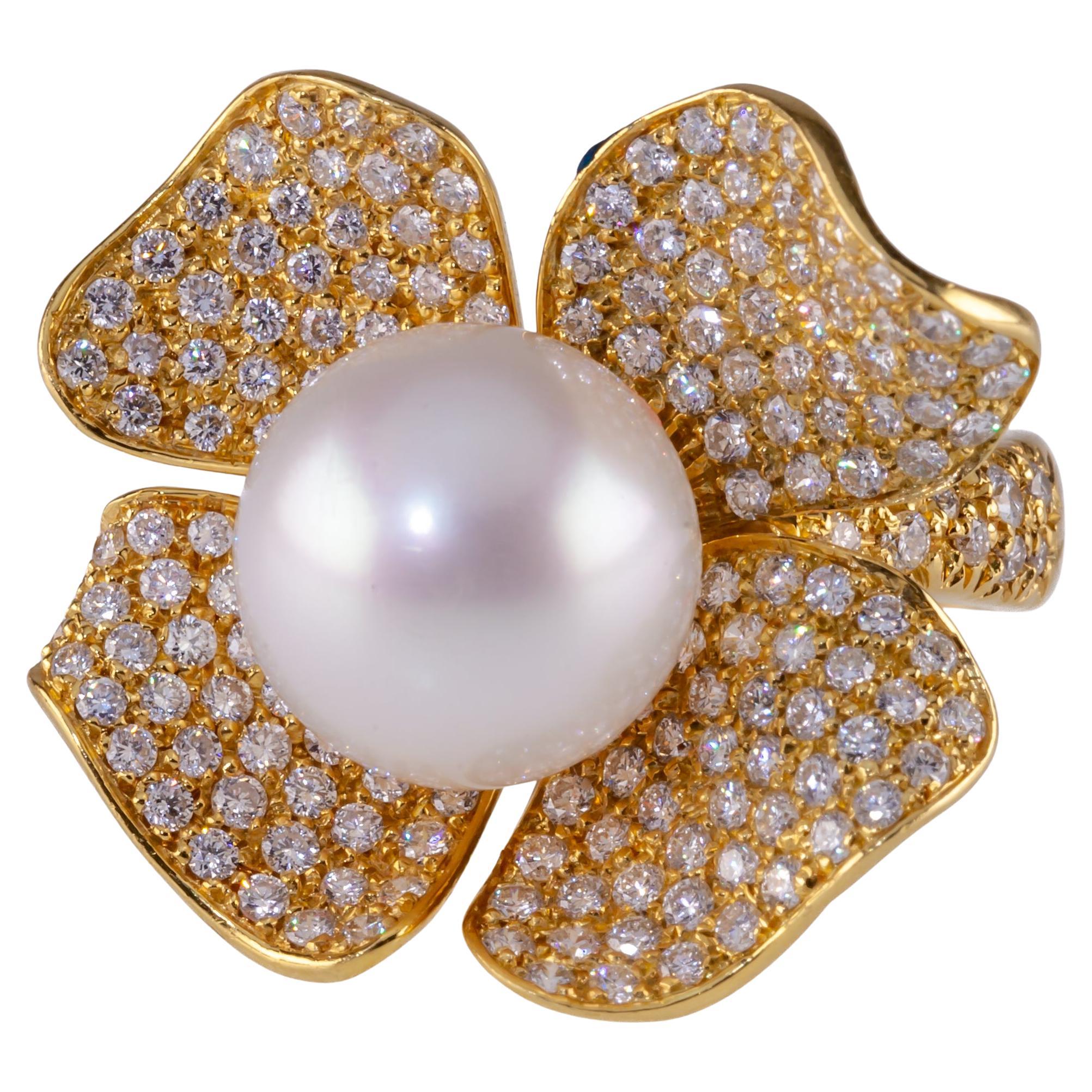 Roberto Casarin 18k Gold & Perle Blume Ring mit 2,57 Karat Diamanten, Größe 6,5