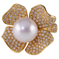 Roberto Casarin 18k Gold & Perle Blume Ring mit 2,57 Karat Diamanten, Größe 6,5