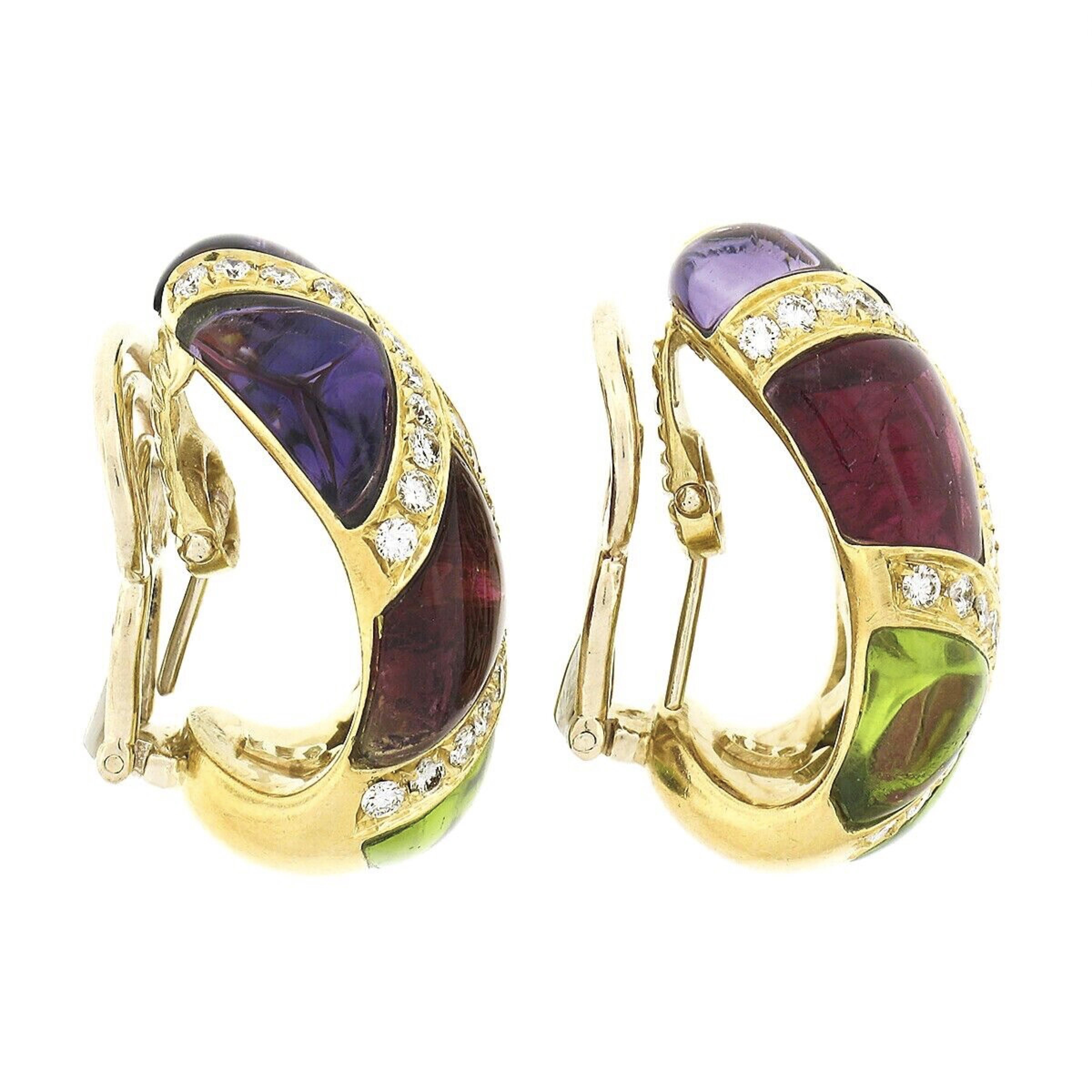 Round Cut Roberto Casarin 18K Gold Rubellite Amethyst Peridot & Pave Diamond Cuff Earrings For Sale