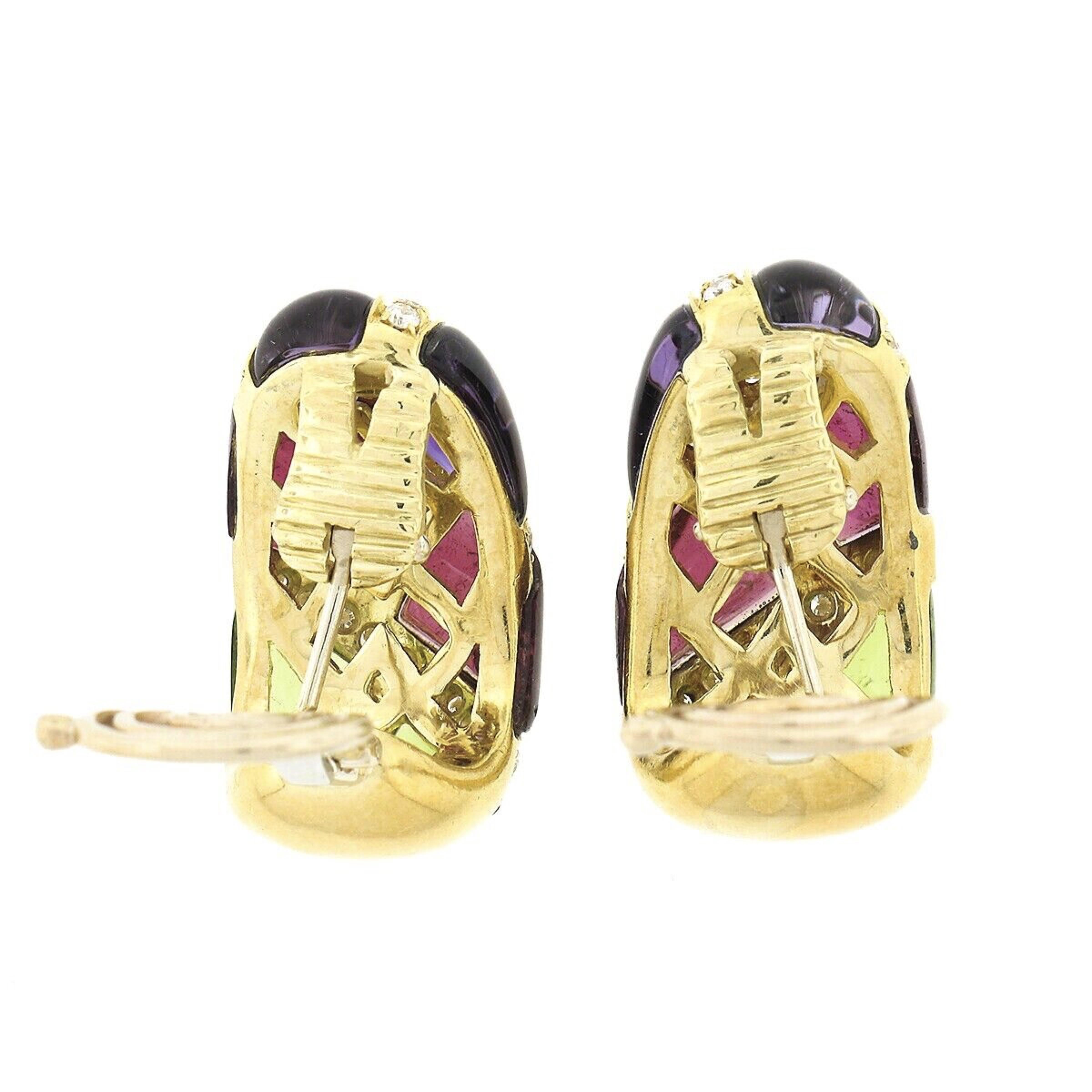 Women's Roberto Casarin 18K Gold Rubellite Amethyst Peridot & Pave Diamond Cuff Earrings For Sale