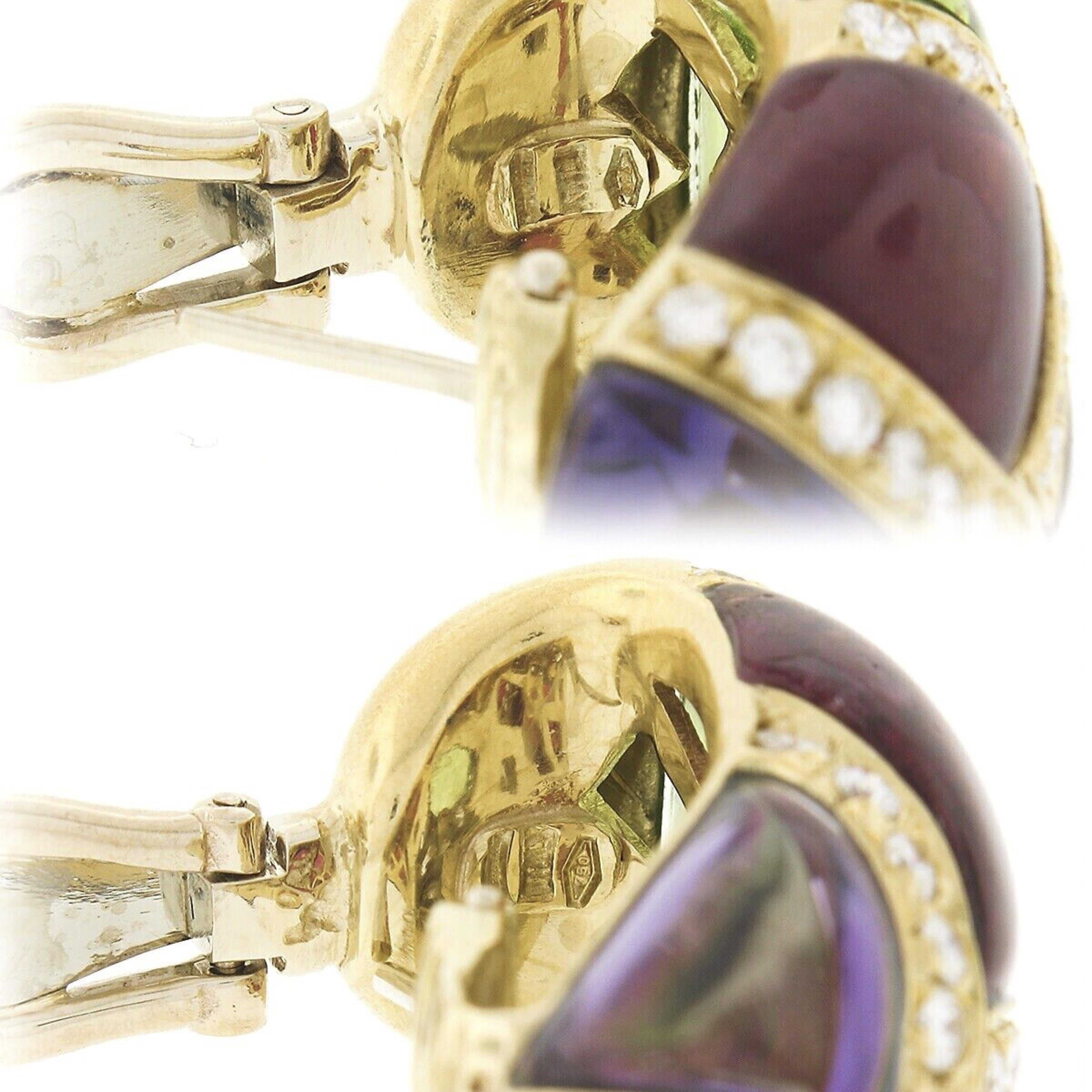 Roberto Casarin 18K Gold Rubellite Amethyst Peridot & Pave Diamond Cuff Earrings For Sale 1