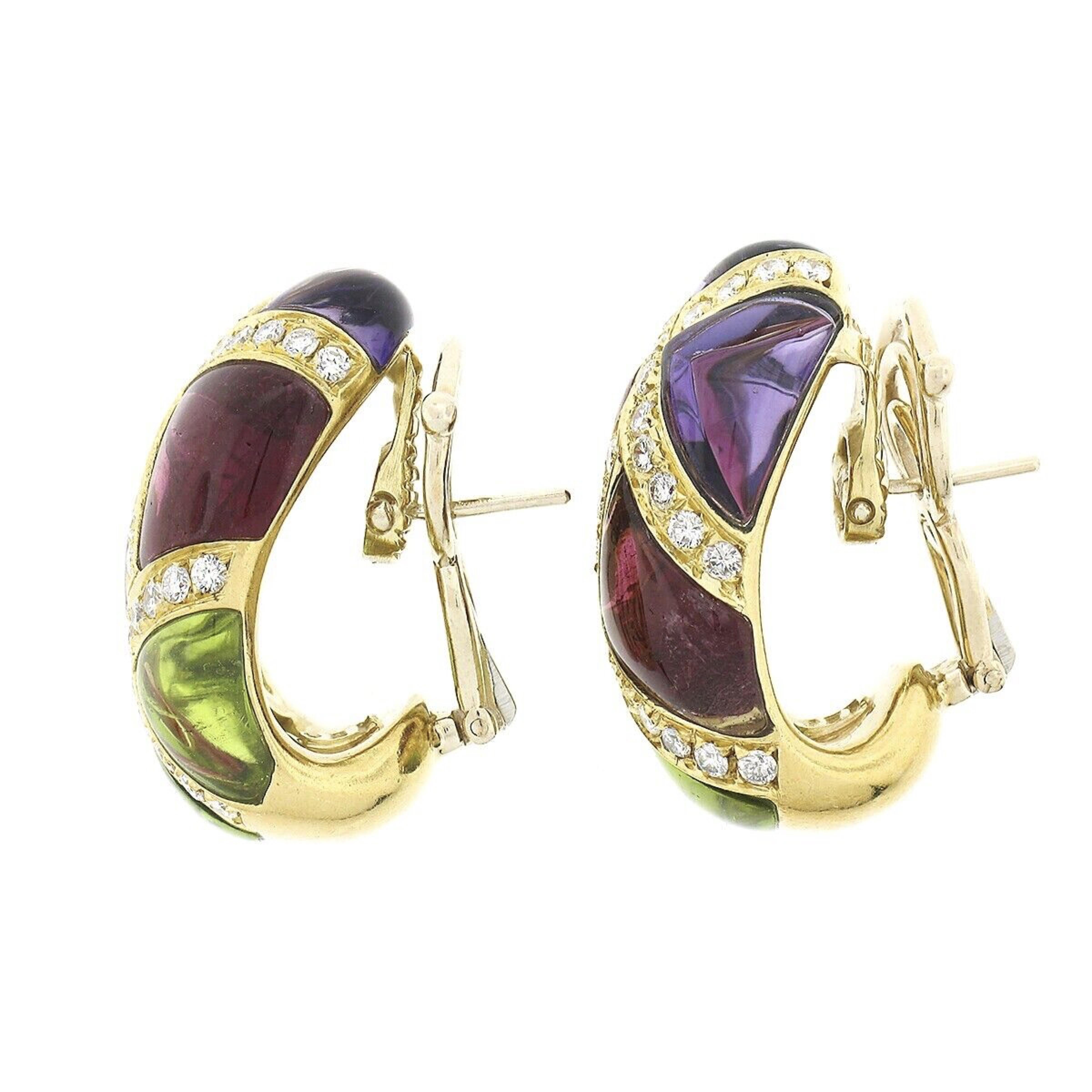 Roberto Casarin 18K Gold Rubellite Amethyst Peridot & Pave Diamond Cuff Earrings For Sale 2