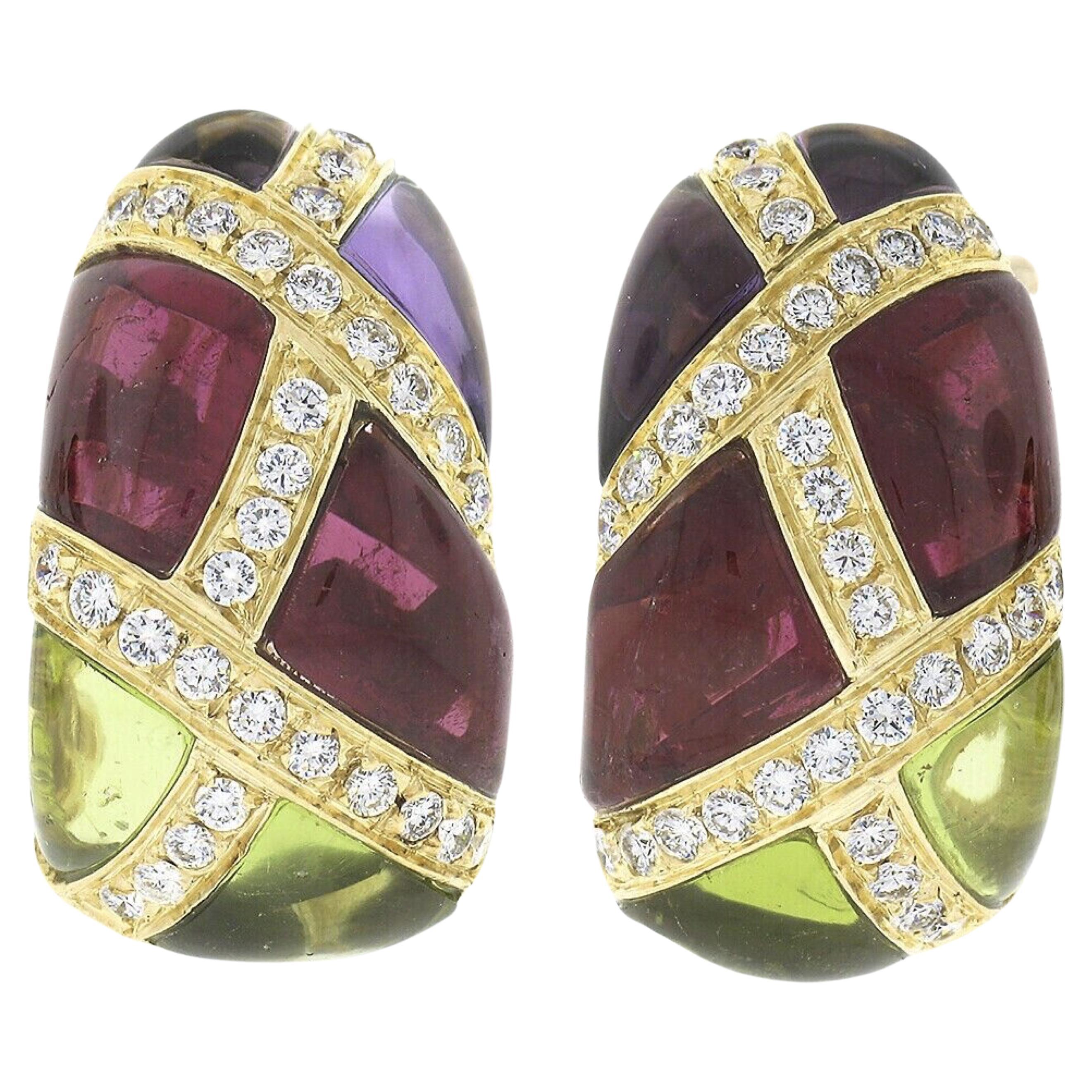 Roberto Casarin 18K Gold Rubellite Amethyst Peridot & Pave Diamond Cuff Earrings For Sale